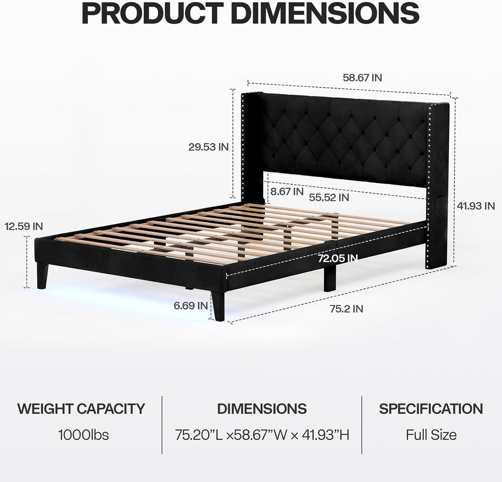 Lihimte Full Size Bed Frame with Led Lights, Upholstered Velvet Platform Bed Frames with Button Tufted Wingback Headboard and Footboard, Wooden Slats Support, No Box Spring Needed, Black