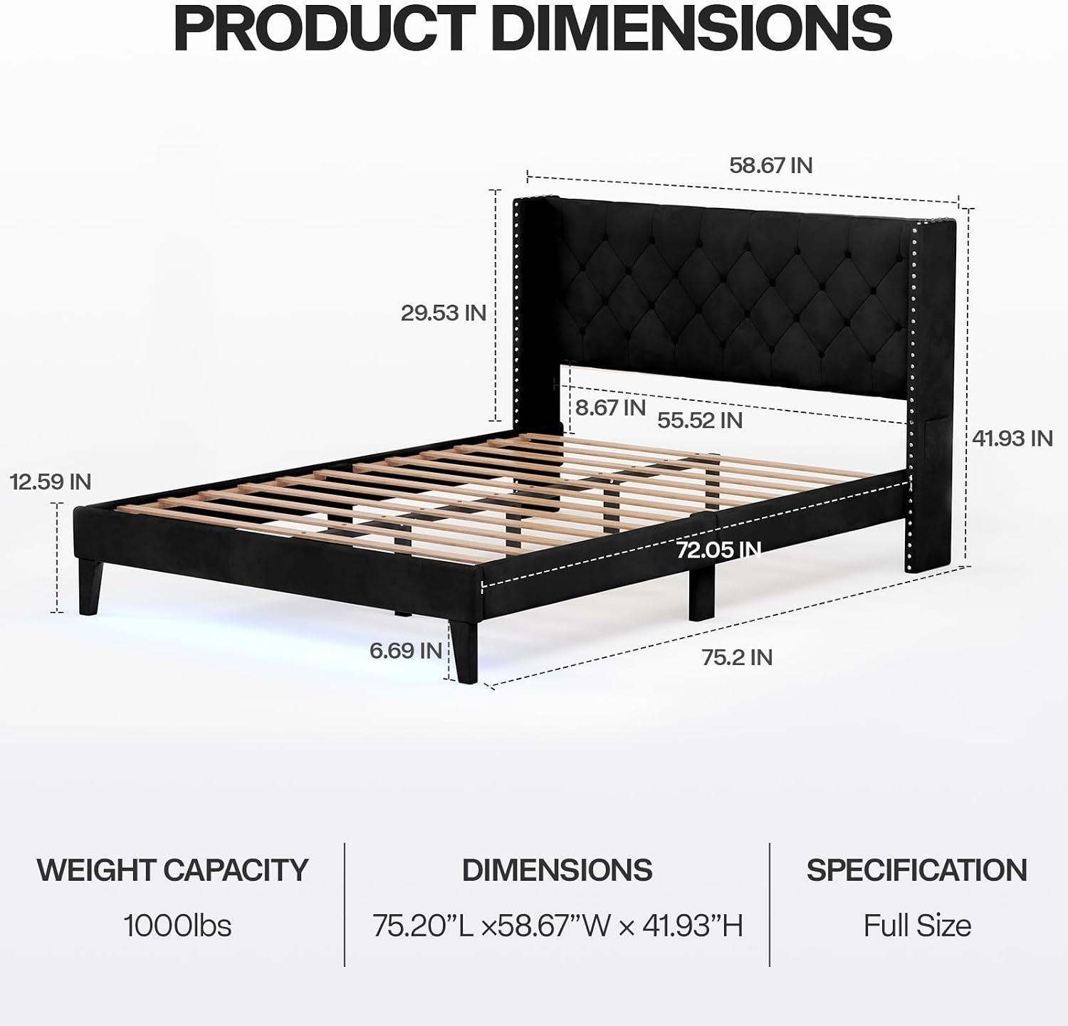 Lihimte Full Size Bed Frame with Led Lights, Upholstered Velvet Platform Bed Frames with Button Tufted Wingback Headboard and Footboard, Wooden Slats Support, No Box Spring Needed, Black