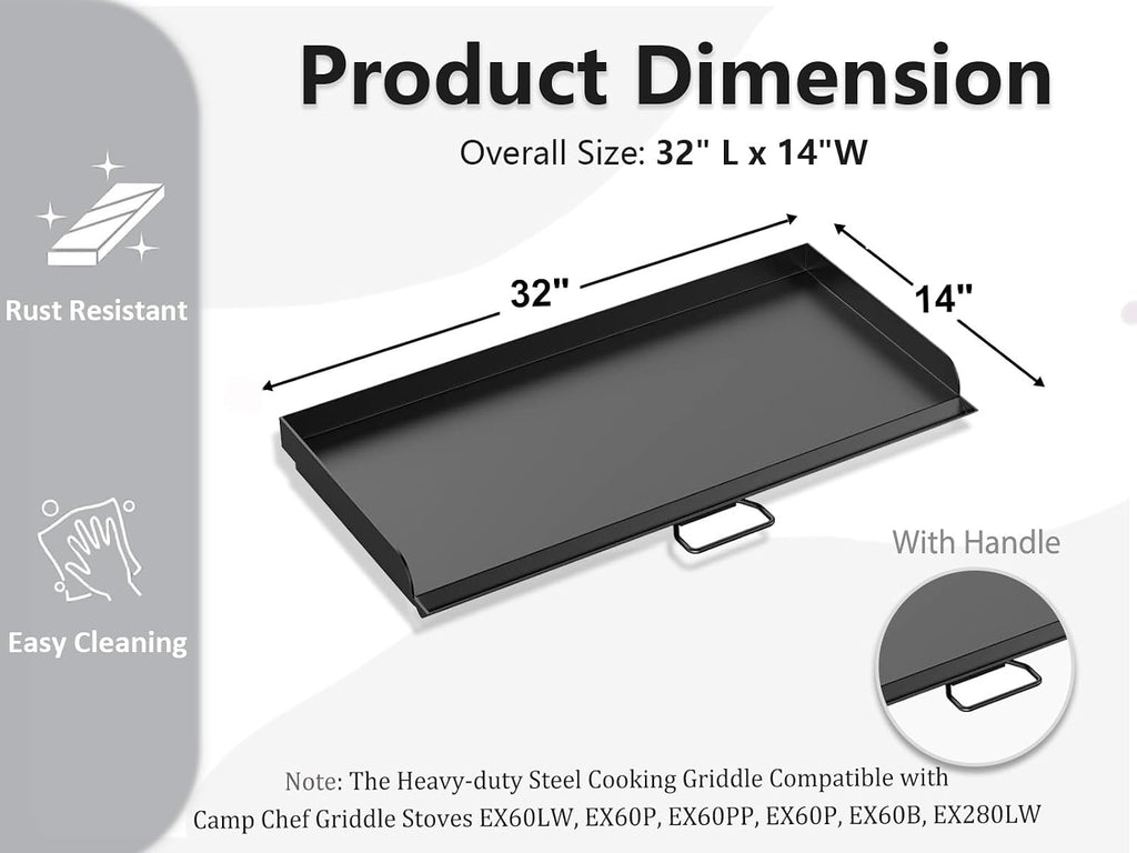 14' x 32' Fry Griddle Heavy-duty Steel Cooking Griddle Compatible with Camp Chef Griddle Stoves EX60LW, EX60P, EX60PP, EX60P, EX60B, EX280LW for Camp Chef Explorer 2-burner Camp Stove