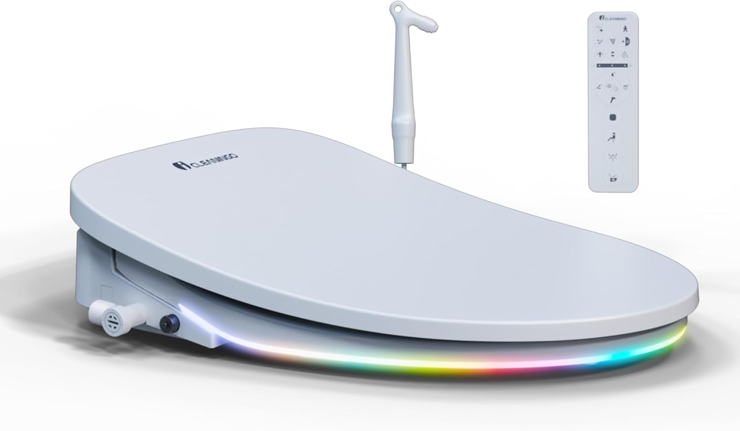DC02 iCleaningo Electric Bidet Toilet Seat, Auto Open & Close Lid, Heated Seat, Adjustable Wash & Dry, 360° Handheld Sprayer, 42-Color Dual-Ring Ambient Light, Elongated, Remote