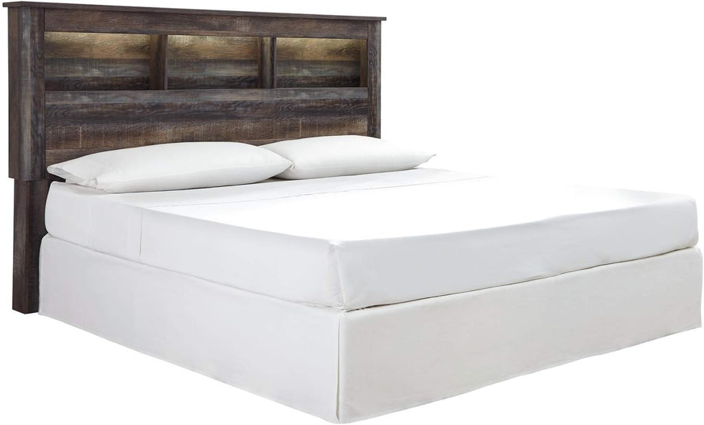 Signature Design by Ashley Drystan Rustic Industrial King/California King Bookcase Headboard with 3 Open Cubbies & Dimming LED Light, Weatherworn Brown