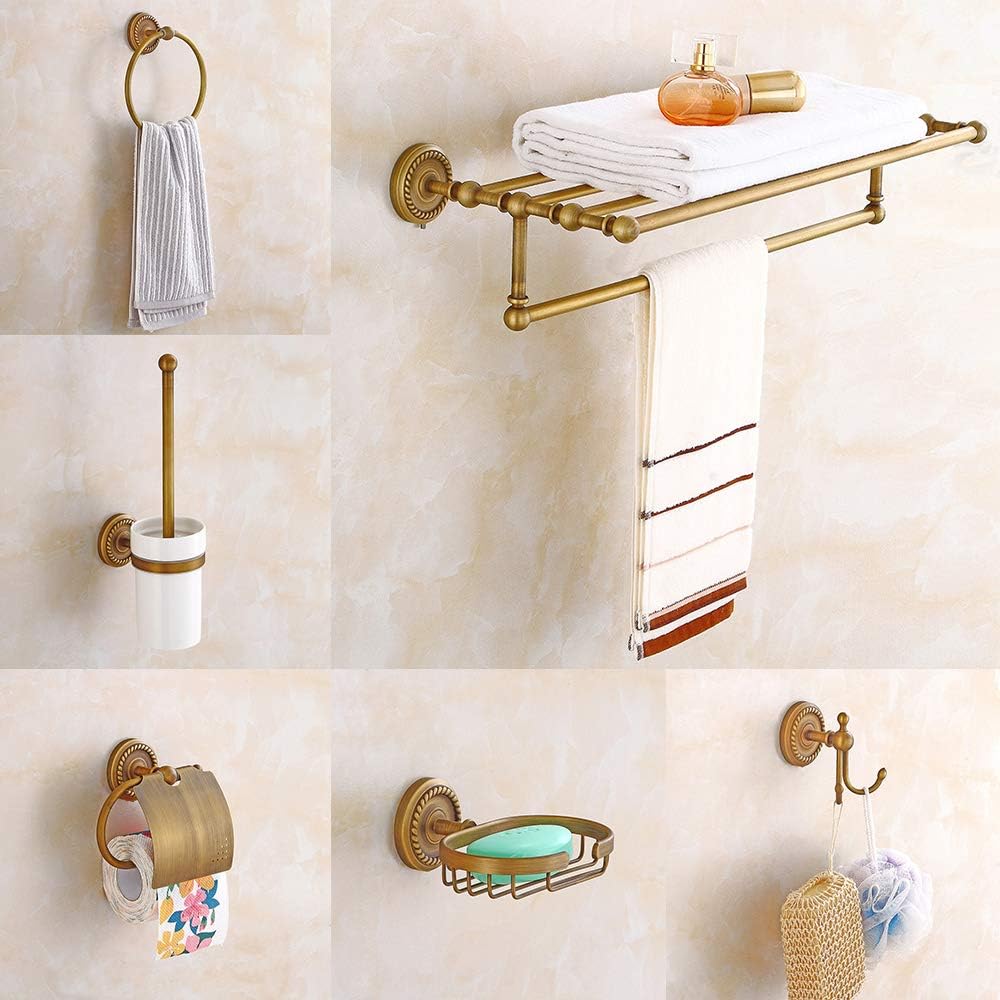 Bathroom Hardware Set, Wall Mount Towel Rack Kit for Family Needs, Includes Single Pole, Hand Towel Rack,Toilet Paper Holder, Brush Paper Holder, Soap Holder,Towel Ring, Hook (Vintage Copper 7pcs)