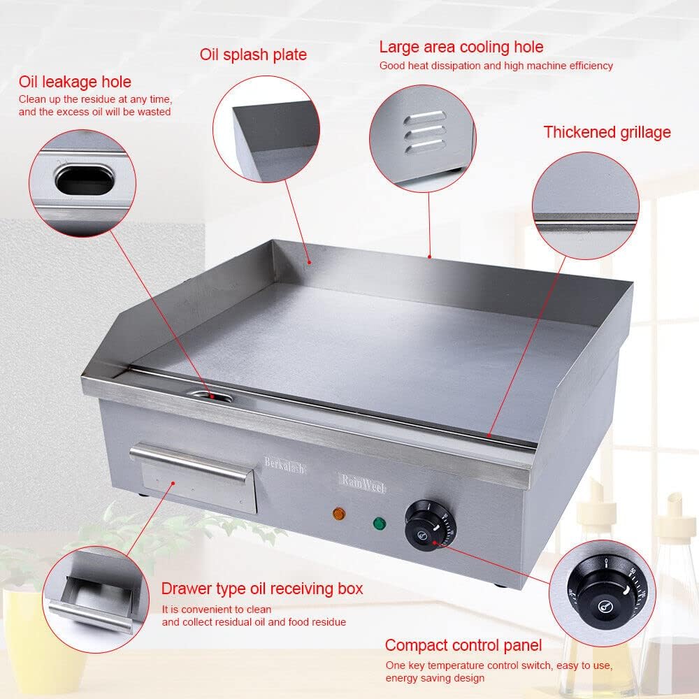 Commercial Griddle, 110V Electric Flat Top Grill, Non-Stick Countertop Griddle, Restaurant Stainless Steel Grill, Adjustable Temperature Control