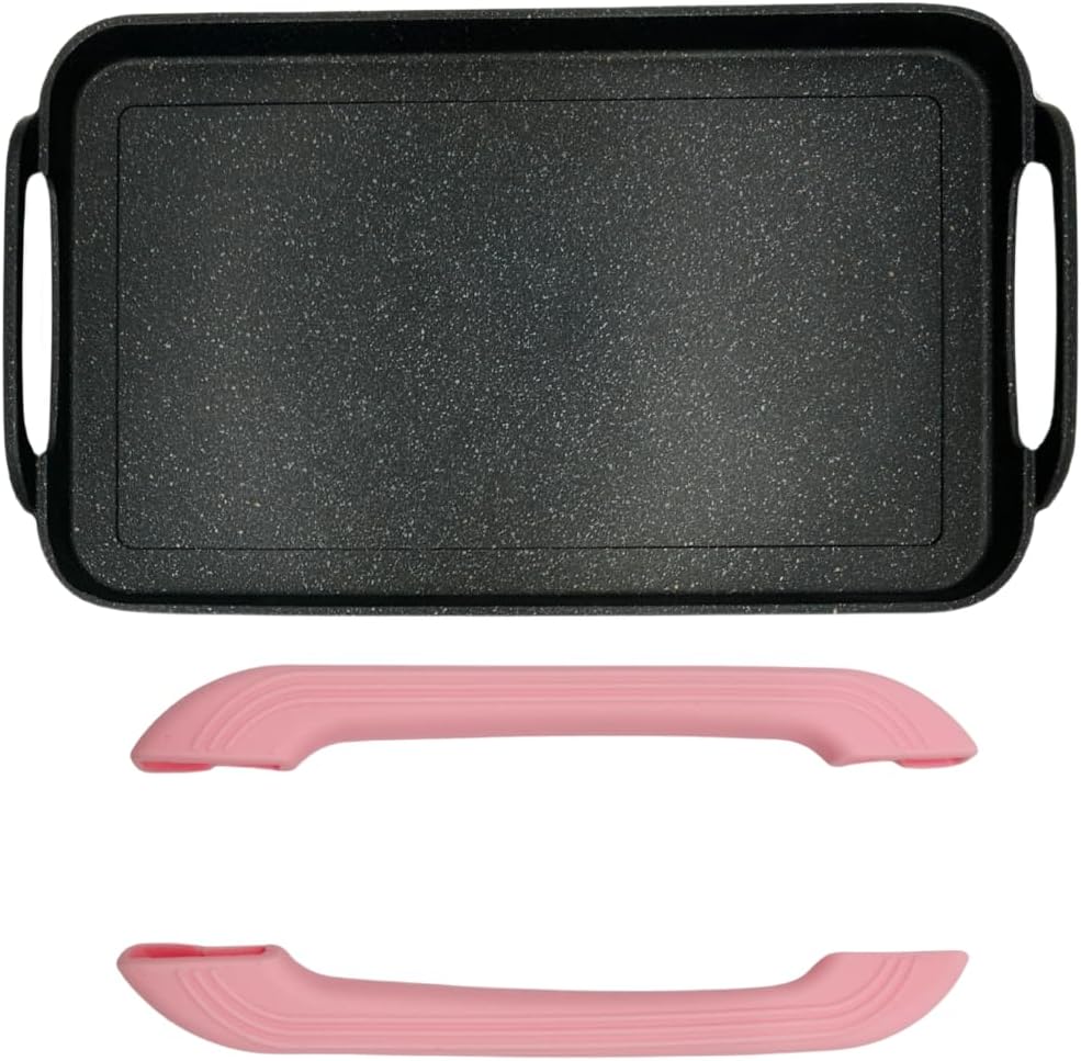 Marble Nonstick Double Griddle for all Stove Tops, 19 x 11.5, Cast Aluminum, Flat Surface - Pink Handles
