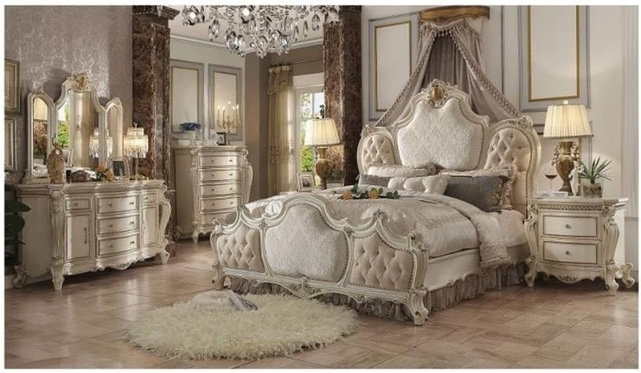 Acme Picardy Eastern King Bed in Fabric & Antique Pearl