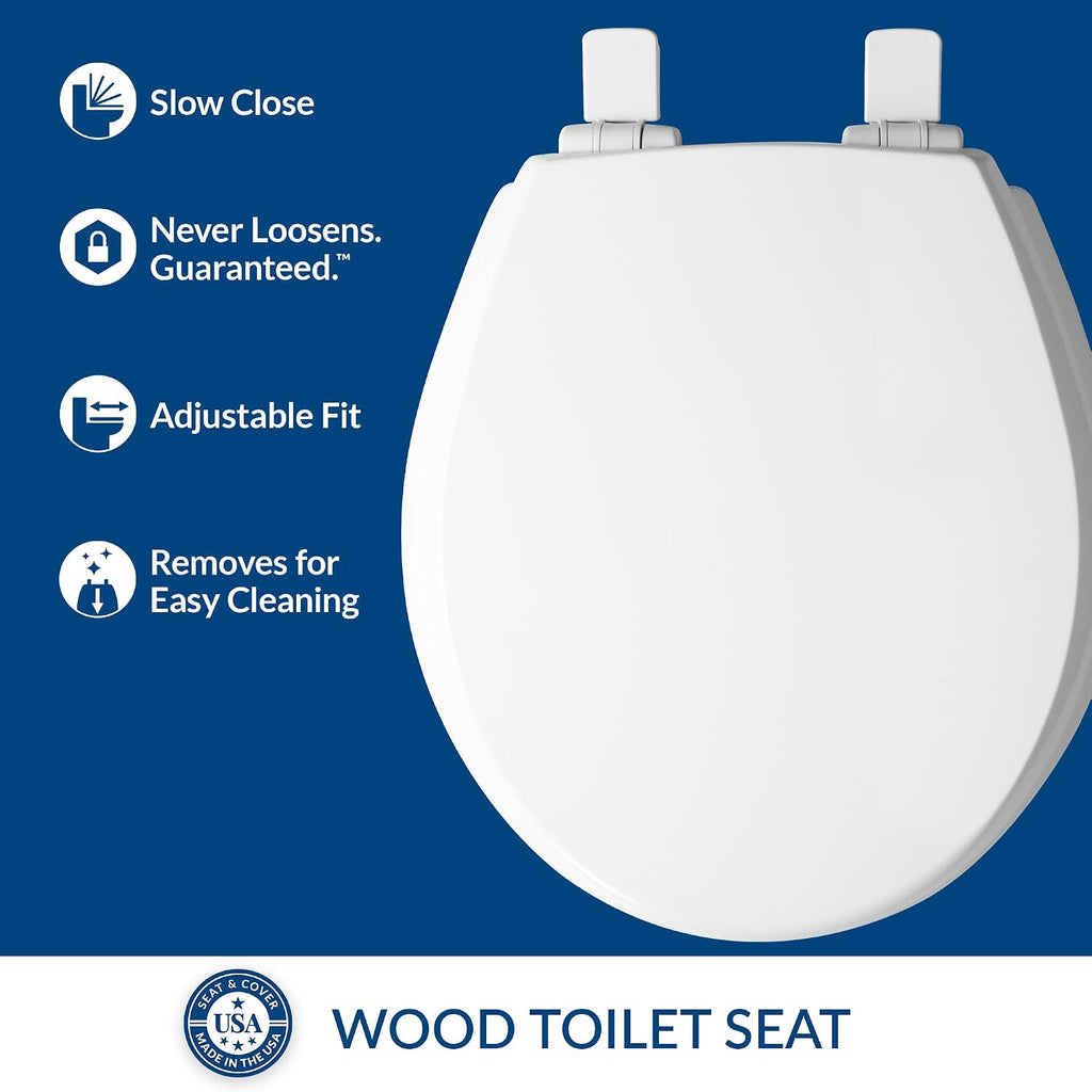 Mayfair Cassel Slow Close Toilet Seat, Easy Clean, Non Slip Premium Wood Seat, Easy Install, Made in USA, Round, White, 4-Pack