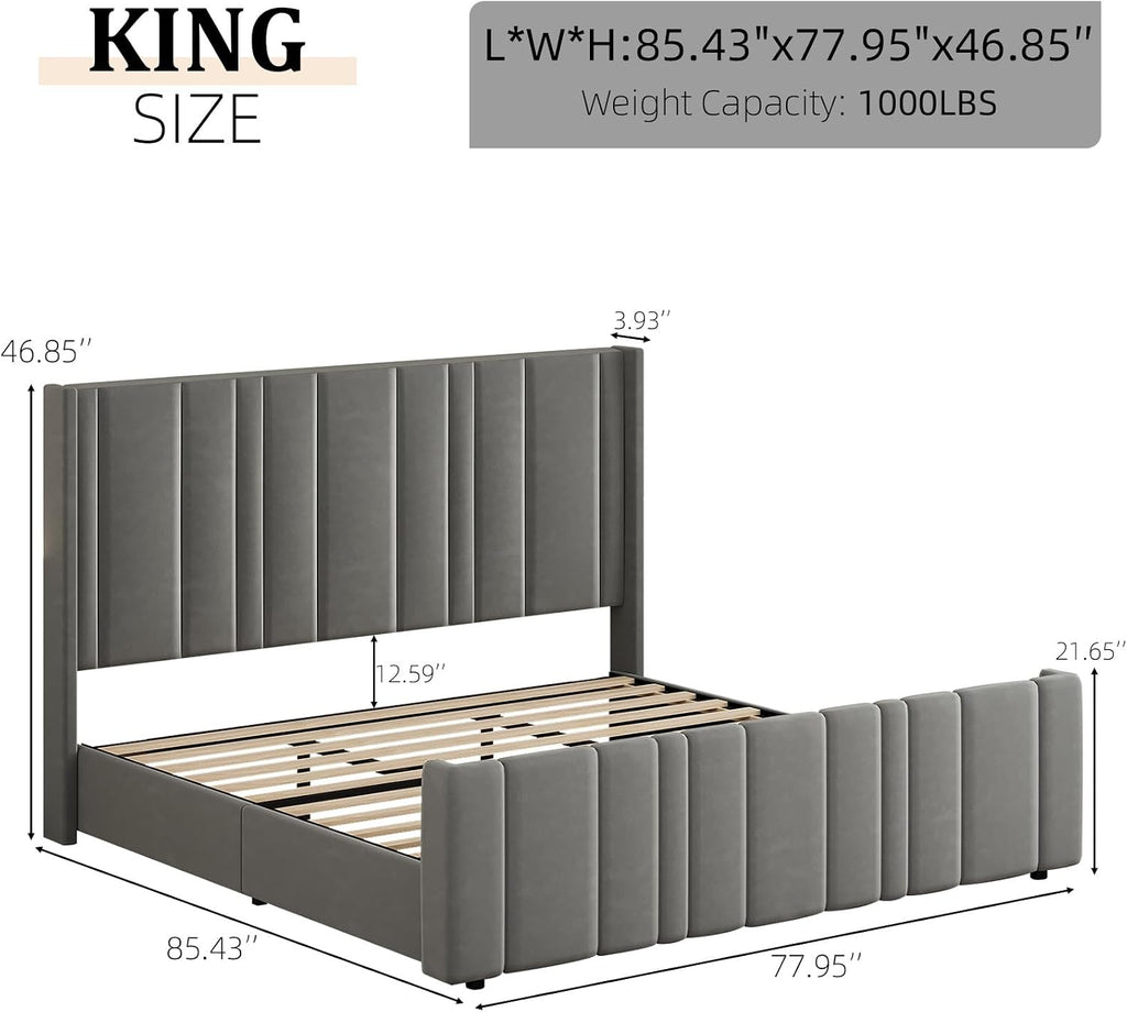 King Size Bed Frame and Headboard, Modern Velvet Upholstered Bed Frame with Vertical Channel Tufted Headboard & Footboard, Soft Bed Frame King, Noise Free, No Box Spring Needed, Easy Assembly, Grey