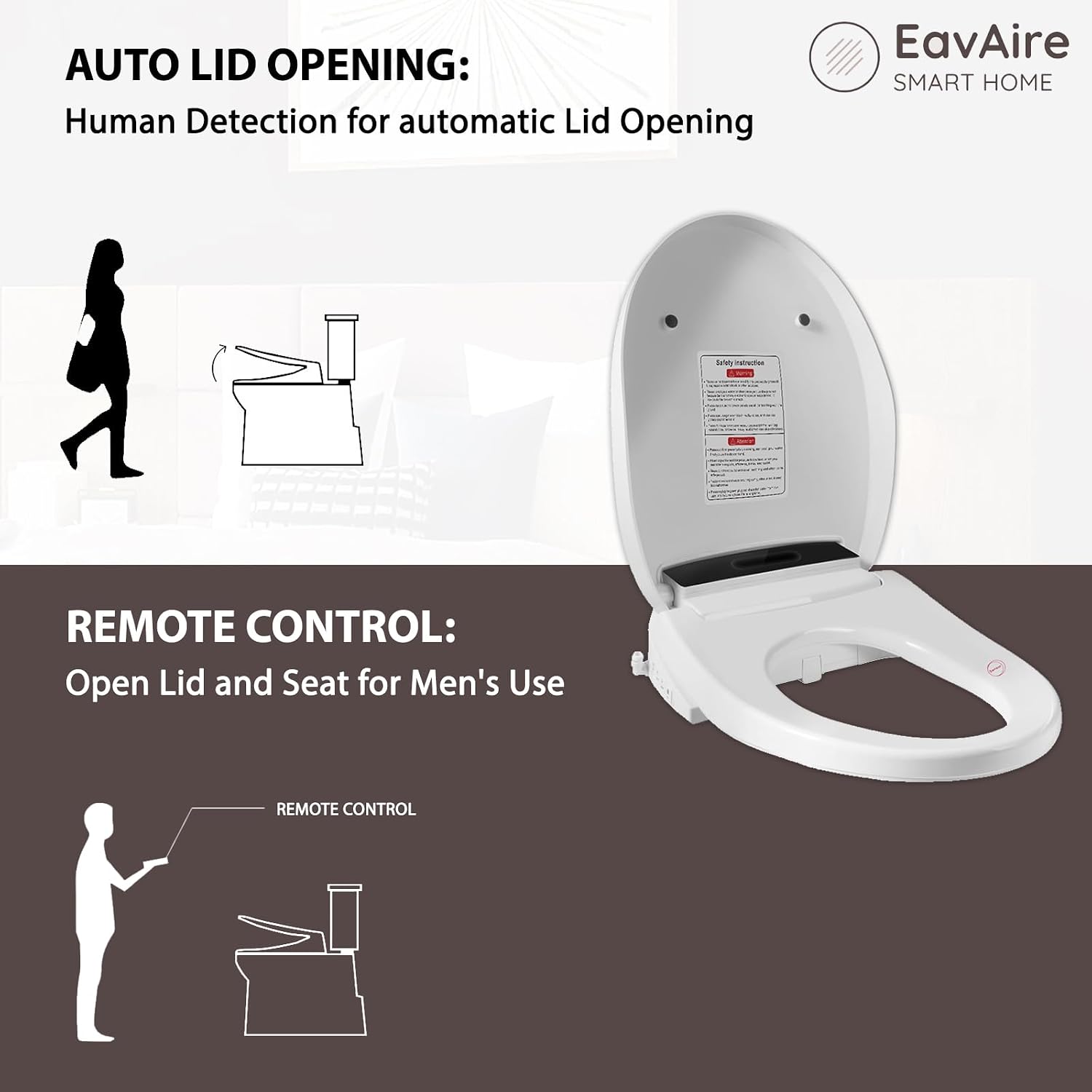 Electric Smart Toilet Seat Bidet with Slow Close Lid Cover, Instant Heated Seat, LCD, Adjustable Water Pressure & Temperature, Dual Positions, Self-Cleaning Nozzle, Night Light- Round