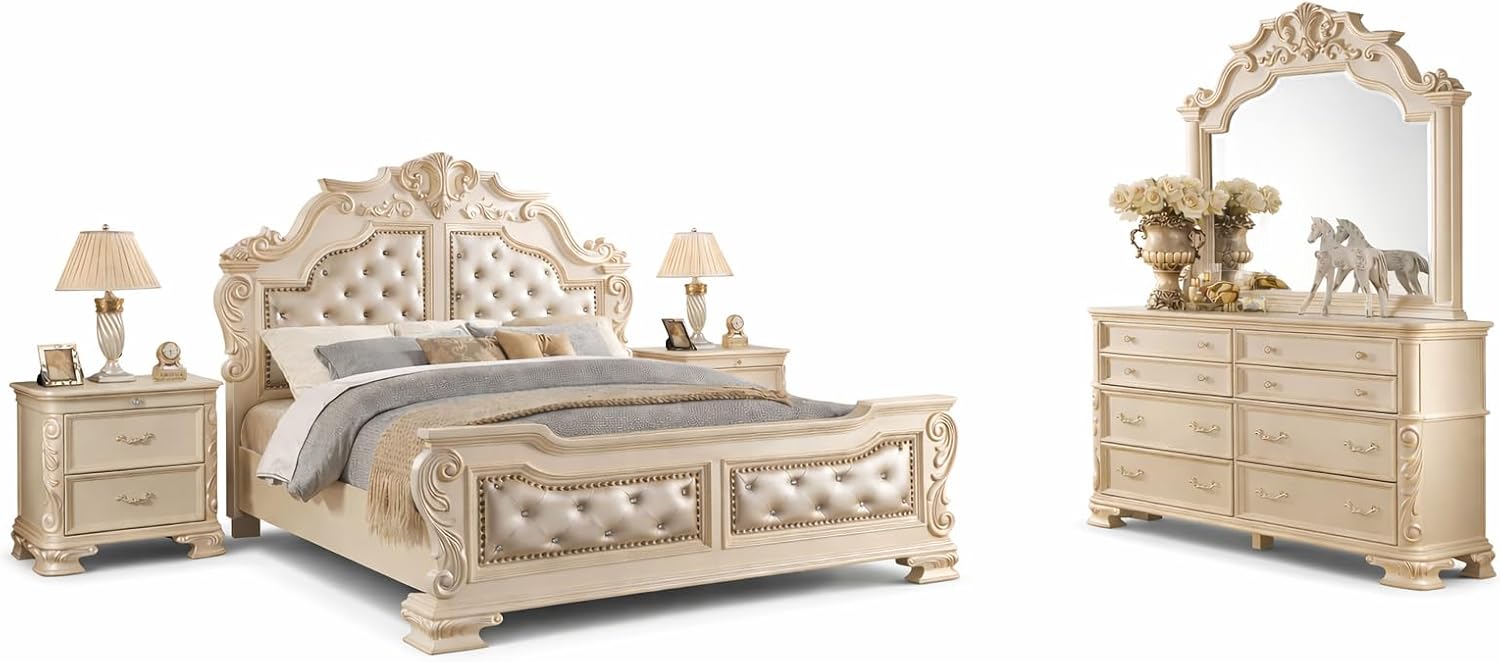 First of a Kind Victoria Off White Traditional 4 Piece King Bedroom Set with Upholstered Tufted Headboard Elegant European Inspired Design Coordinated Furniture Collection