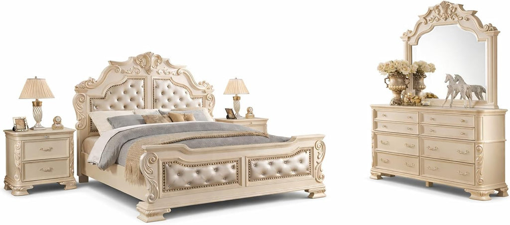 First of a Kind Victoria Off White Traditional 4 Piece Queen Bedroom Set with Upholstered Tufted Headboard Elegant European Inspired Design Coordinated Furniture Collection