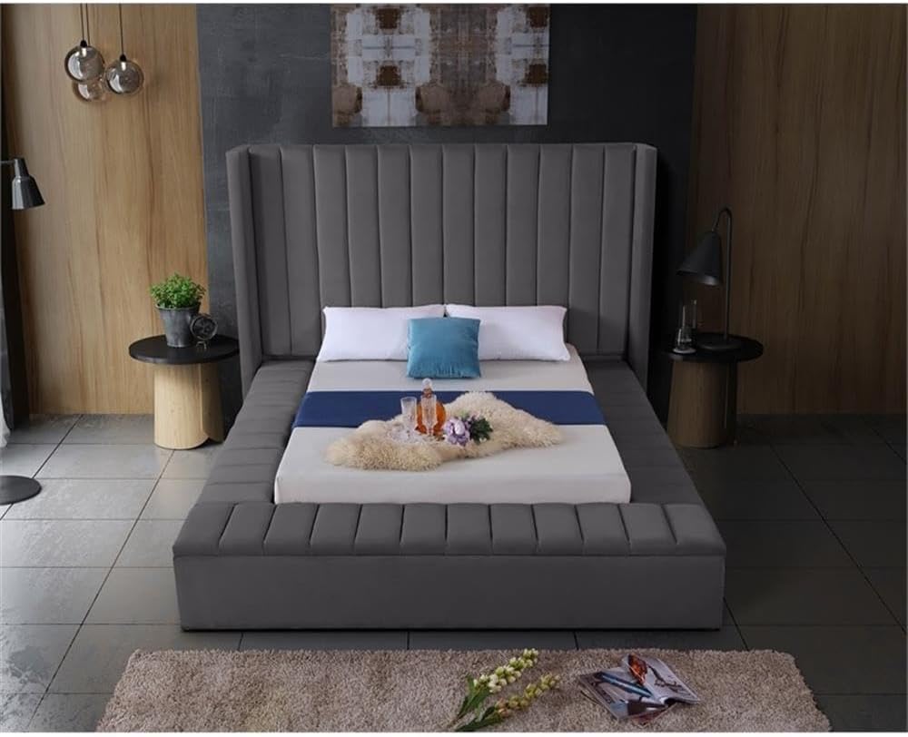 Meridian Furniture Kiki Collection Modern | Contemporary Velvet Upholsterd Bed with Channel Tufting, Siderails and Footboard Storage Compartments, Full, Grey