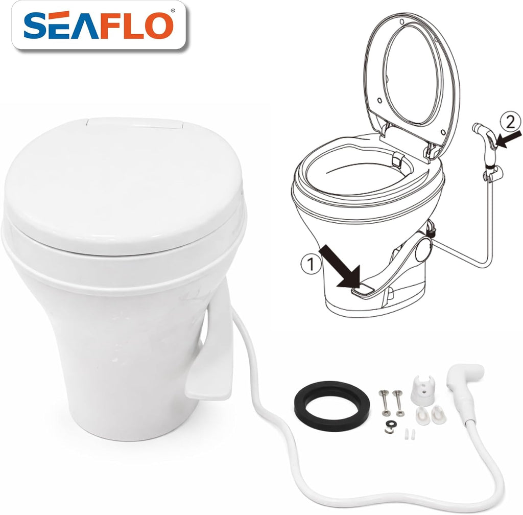 SEAFLO RV Toilet with Sprayer Attachment - White, 18.4' Residential Height, Gravity Flush Foot Pedal Camper Toilet Soft Close Seat Elongated Bowl Motorhome, 4-Year Warranty, SFRTPH-01-02