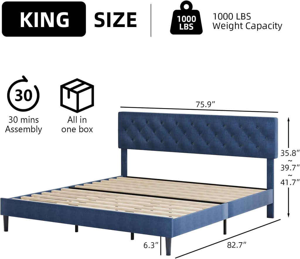 BarnFurin King Size Bed Frame, Upholstered Platform Bed Frame King with Button Tufted Headboard, Wooden Slats Support, No Box Spring Required, Easy Assembly, Navy Blue