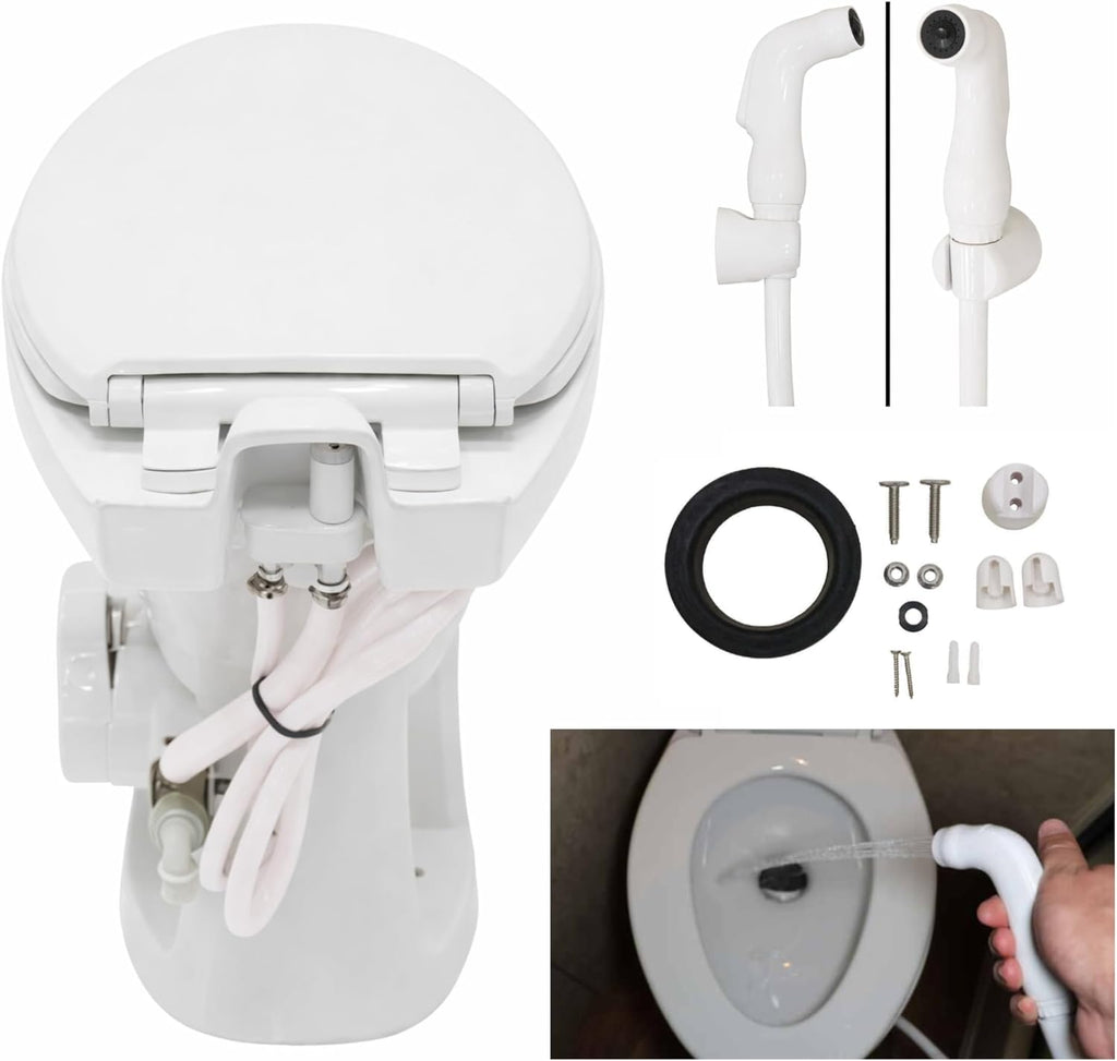 SEAFLO Porcelain RV Toilet with Sprayer Attachment - Elongated Bowl 19' Inch Residential Height, Gravity Flush, Foot Pedal Soft Close Seat Camper Motorhome Easy Install 4 -year Warranty SFRTCH-02-02