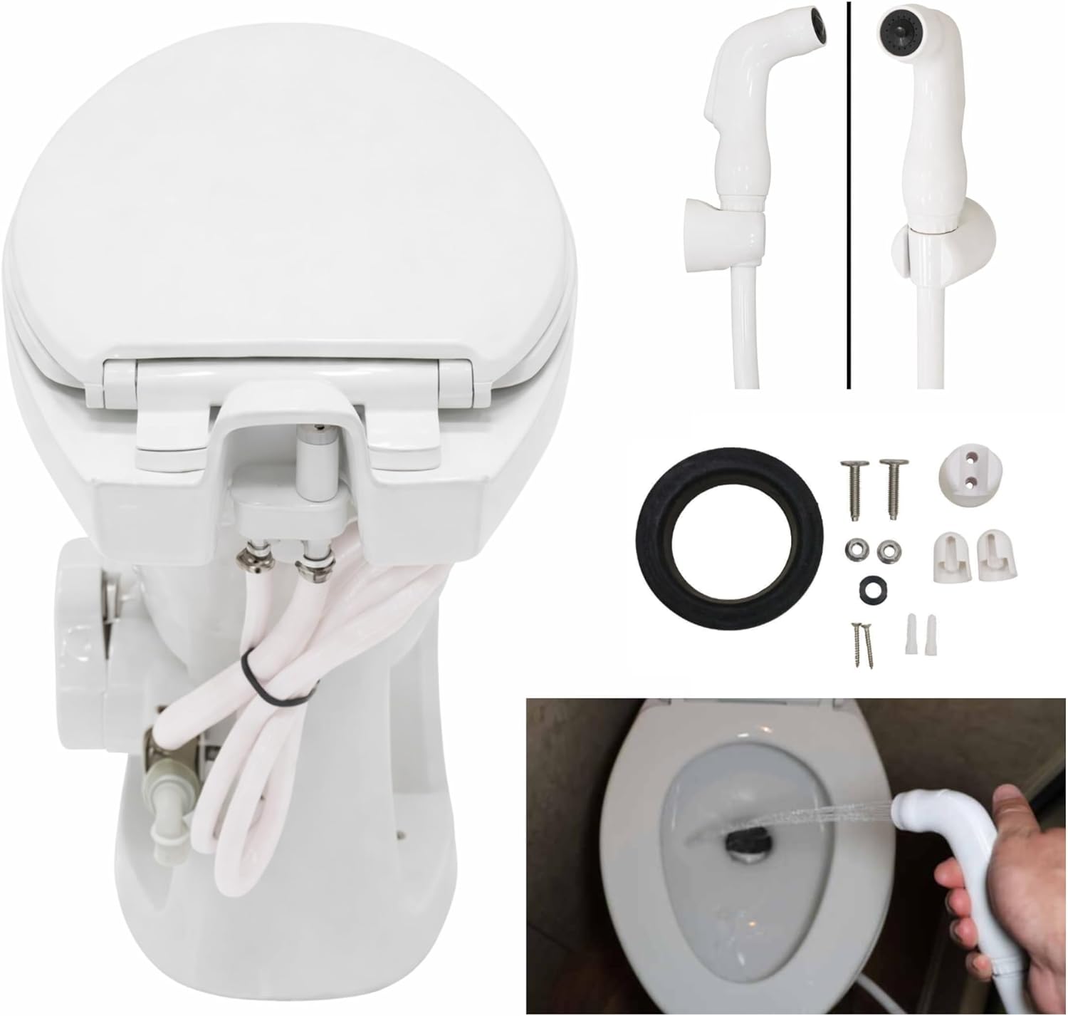 SEAFLO Porcelain RV Toilet with Sprayer Attachment - Elongated Bowl 19' Inch Residential Height, Gravity Flush, Foot Pedal Soft Close Seat Camper Motorhome Easy Install 4 -year Warranty SFRTCH-02-02