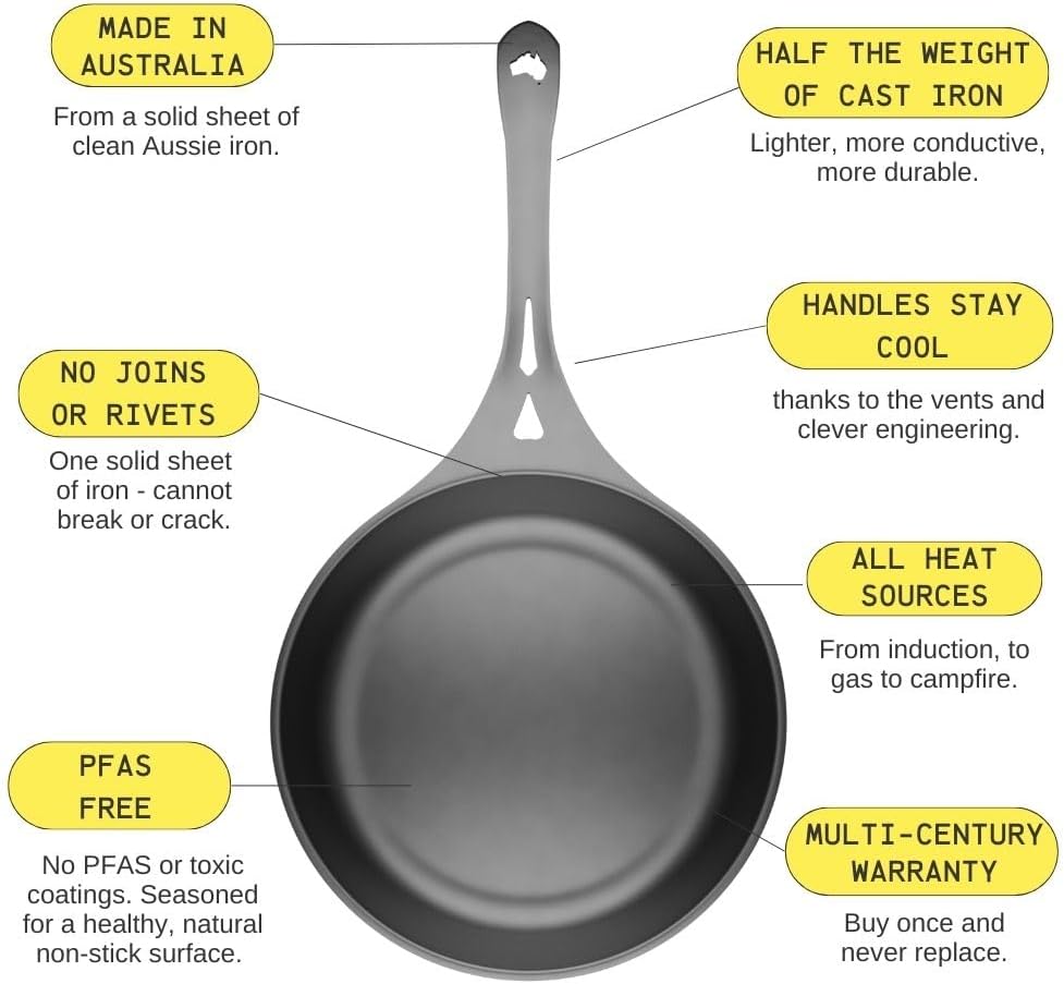 SOLIDTEKNICS 8' Outdoor Skillet Set – Naturally Seasoned Australian Iron Skillet with Lil Flippa Stainless Flipper & Mini Pan Scraper Lightweight Camping Cookware for Grill & Campfire Cooking