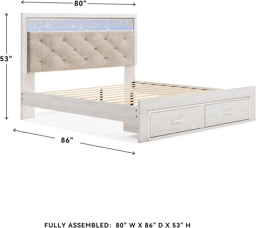 Signature Design by Ashley Altyra Contemporary Adjustable Tufted King Upholstered Storage Platform Bed with LED Lights and 2 Drawers, Foundation or Box Spring Not Needed, White & Gray