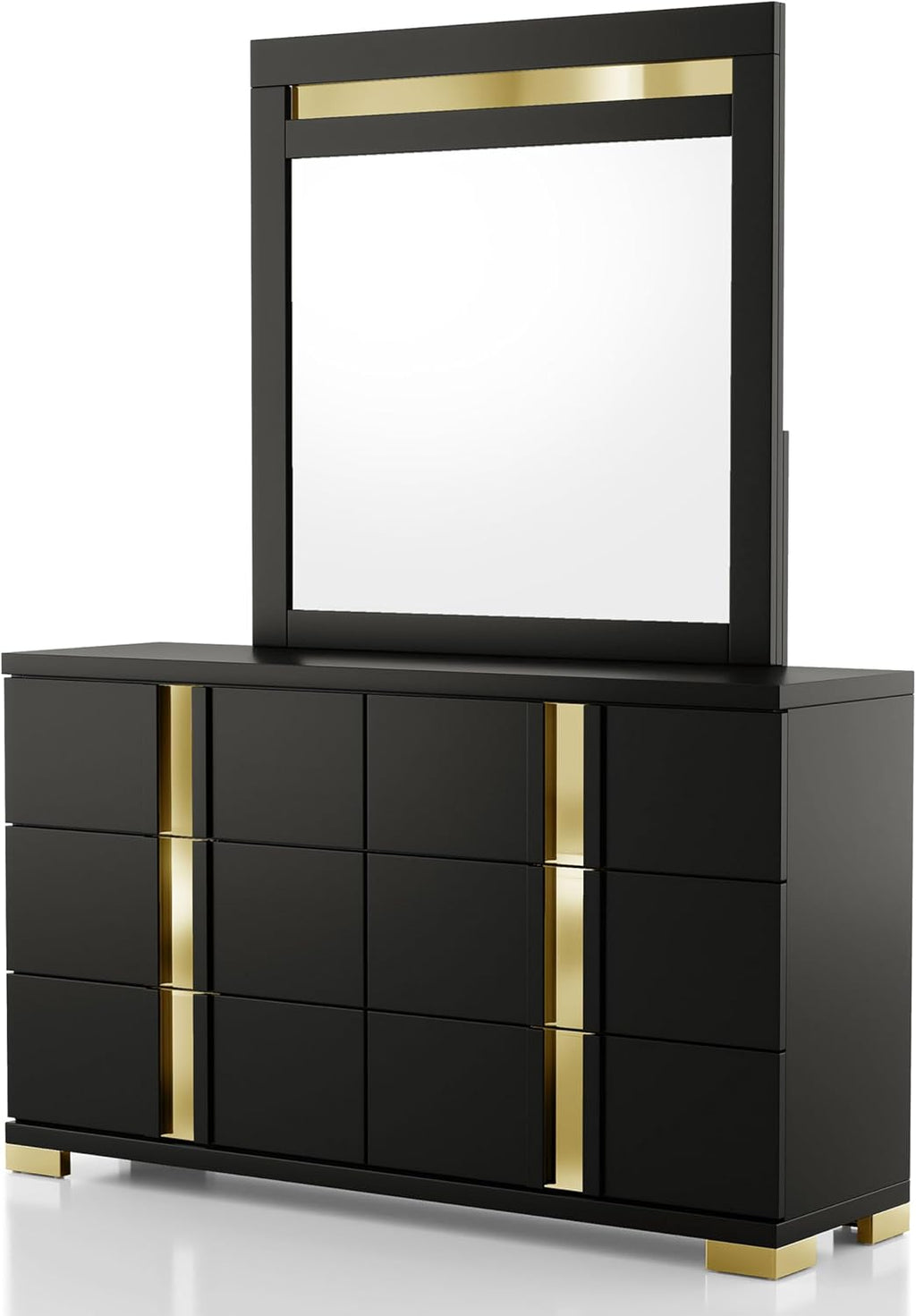 Furniture of America Ansten Modern Wood 5-Piece Platform Bedroom Set with Gold Trim, Underbed LED, Dust Proof Cases, Bracketed Metal Legs, No Box Spring Needed, Twin, Black