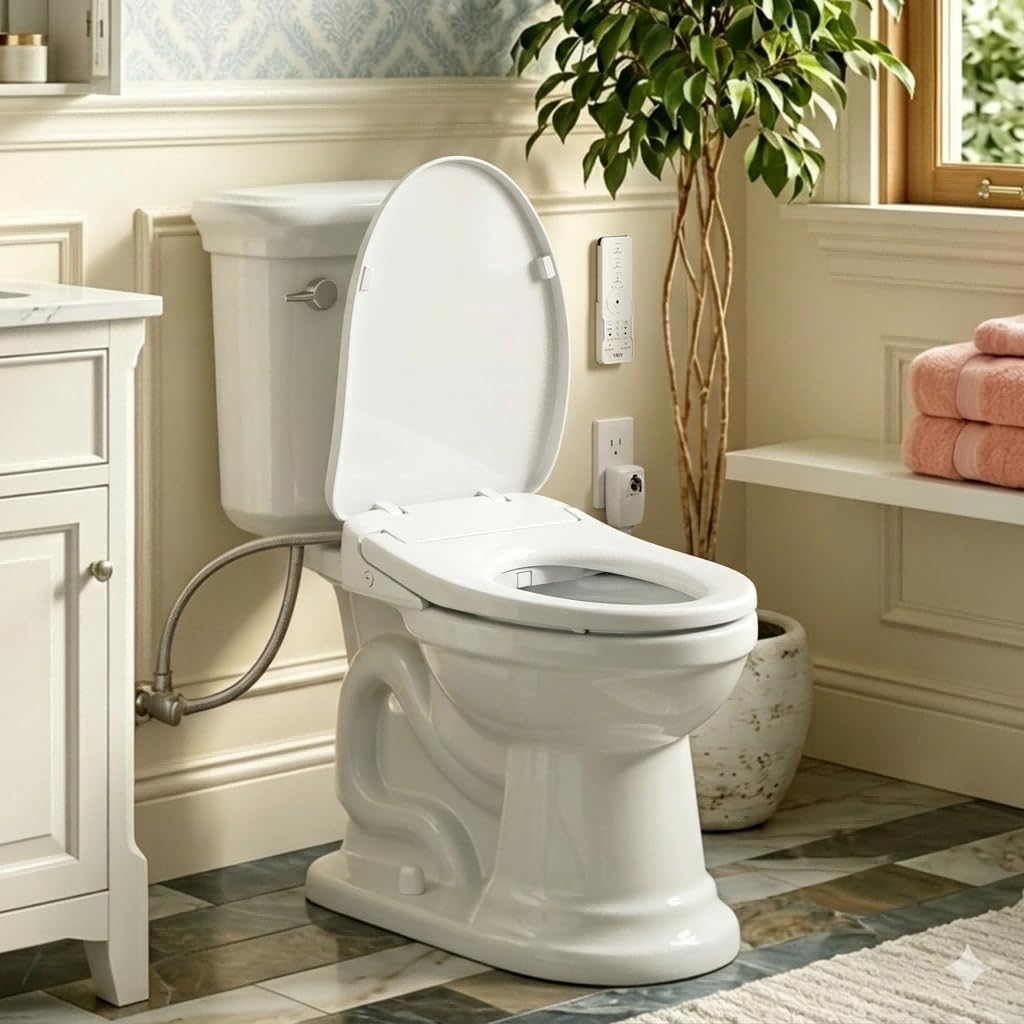 R&T V303 Electric Bidet Seat, Auto-Open Elongated Toilet Seat, Instant Warm Water, Adjustable Heated Seat, Air Dryer, Night Light, Remote Control, Bidet Attachment for Toilet