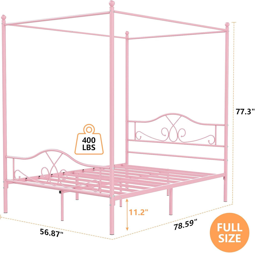 Weehom Full Canopy Bed Frame with Headboard and Footboard, Four-Poster Metal Canopied Platform Bed Mattress Foundation Underbed Storage Space No Box Spring Needed for Girls Adults Pink