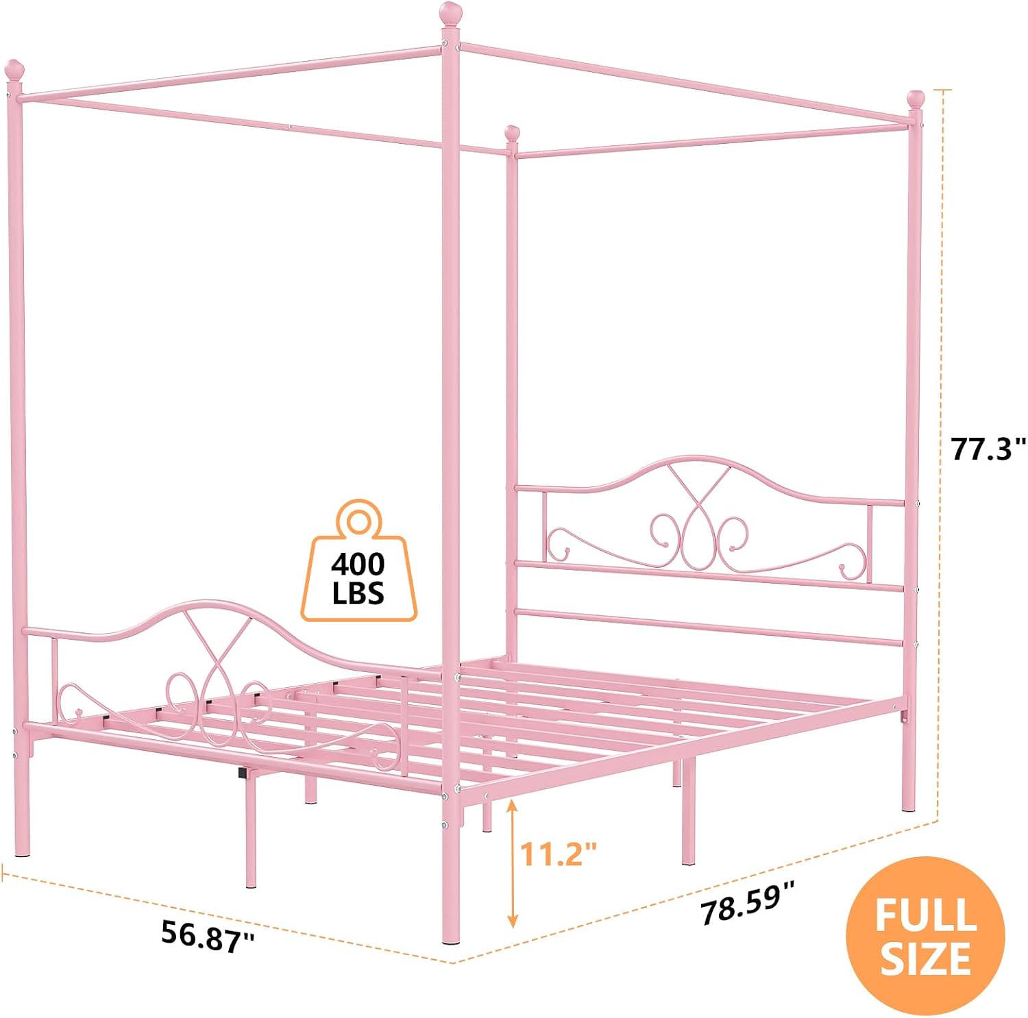 Weehom Full Canopy Bed Frame with Headboard and Footboard, Four-Poster Metal Canopied Platform Bed Mattress Foundation Underbed Storage Space No Box Spring Needed for Girls Adults Pink