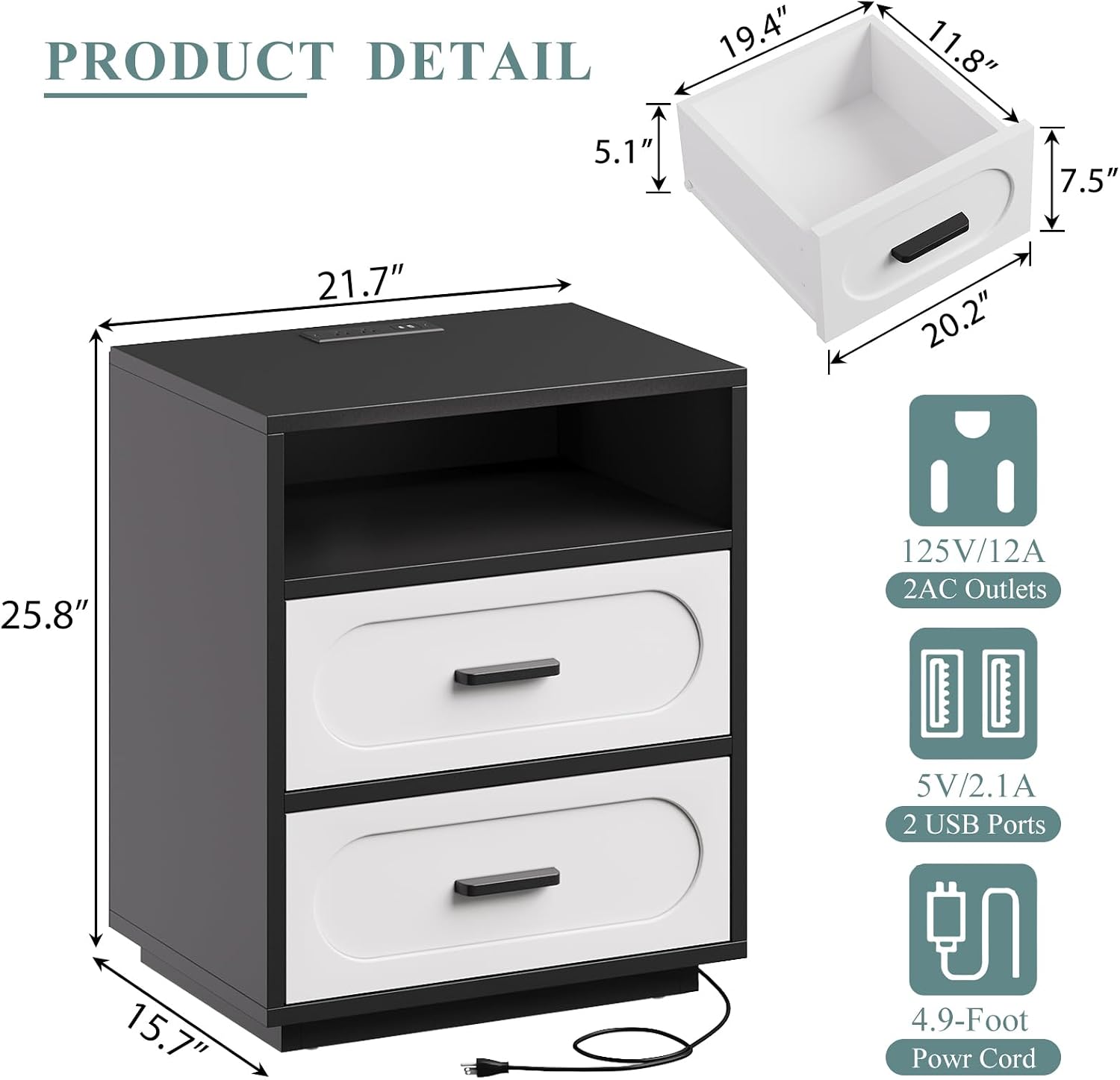 2 Pieces Bedroom Set, Queen Size Bed Frame with Storage Headboard, Nightstand with Charging Station, Black