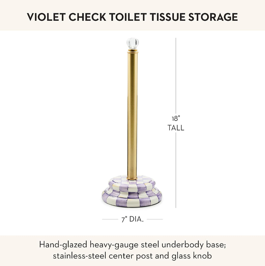 MACKENZIE-CHILDS Enamel Toilet-Tissue Storage, Decorative Toilet-Paper-Holder Stand for Bathroom, Purple-and-White Violet Check