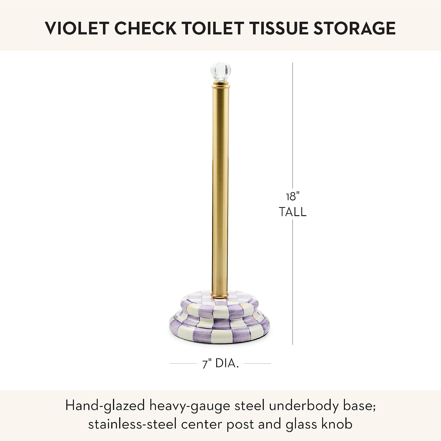 MACKENZIE-CHILDS Enamel Toilet-Tissue Storage, Decorative Toilet-Paper-Holder Stand for Bathroom, Purple-and-White Violet Check