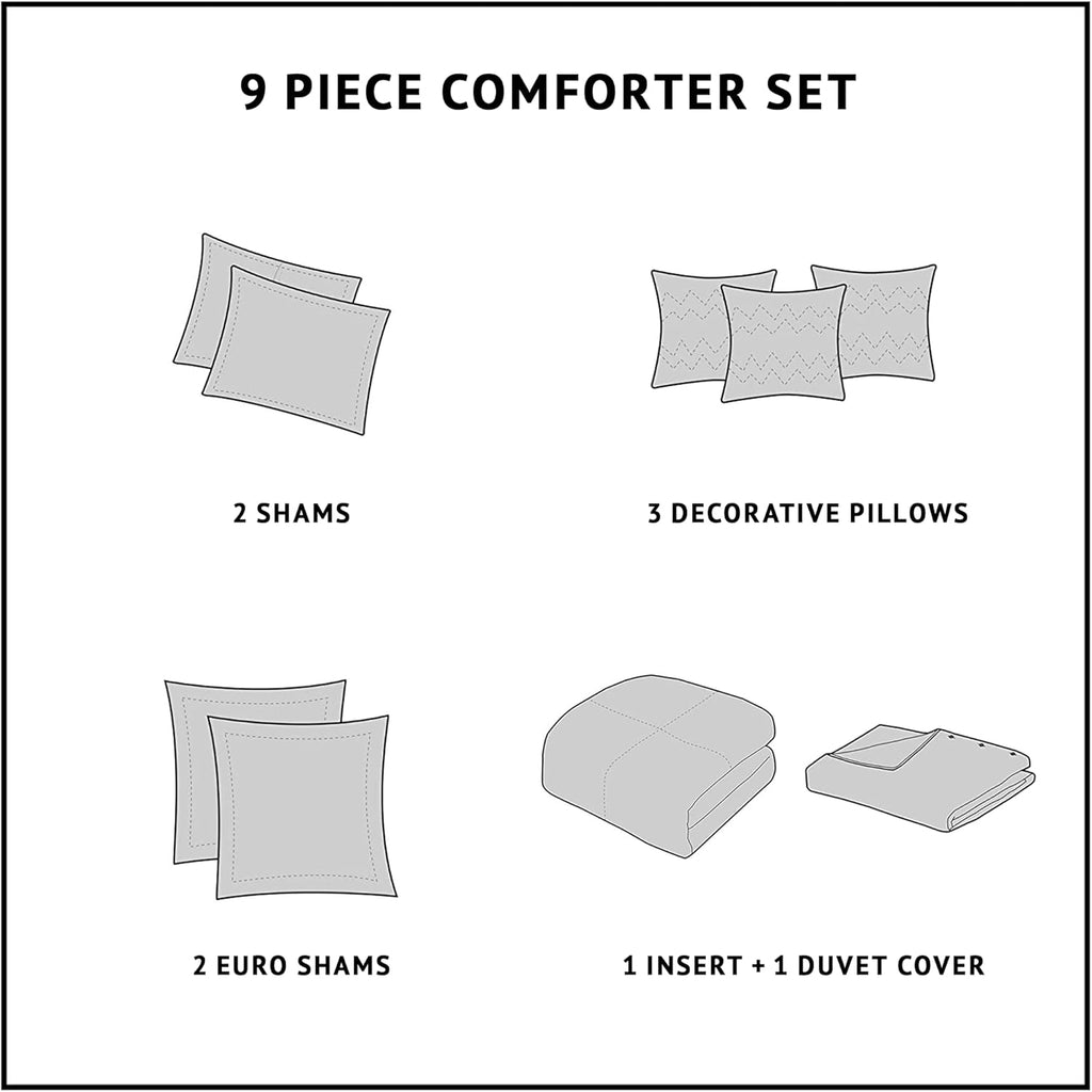 Madison Park Signature Glam Cozy Comforter Set - All Season Bedding Combo Filled Insert and Removable Duvet Cover, Shams, Decorative Pillows, Metallic White Queen(92'x96') 9 Piece