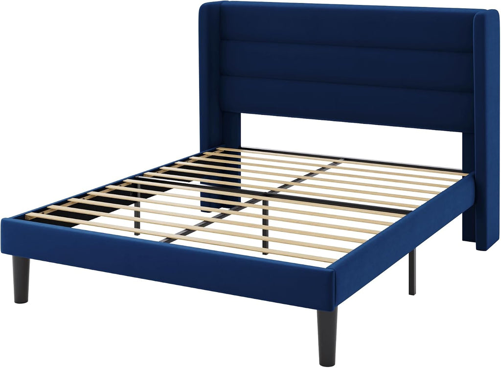 Allewie Full Size Platform Bed Frame with Velvet Upholstered Wingback Headboard, No Box Spring Needed, Under Bed Storage Space, Wooden Slats, Modern Mattress Foundation, Easy Assembly, Blue