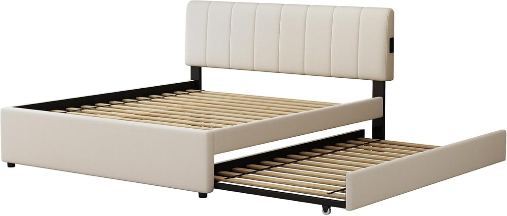 Queen Size Upholstered Platform Bed with Trundle and USB/Type-C Charging, Chenille Fabric Full and Twin Double Bed w/LED Lights with APP for Bedroom,Beige