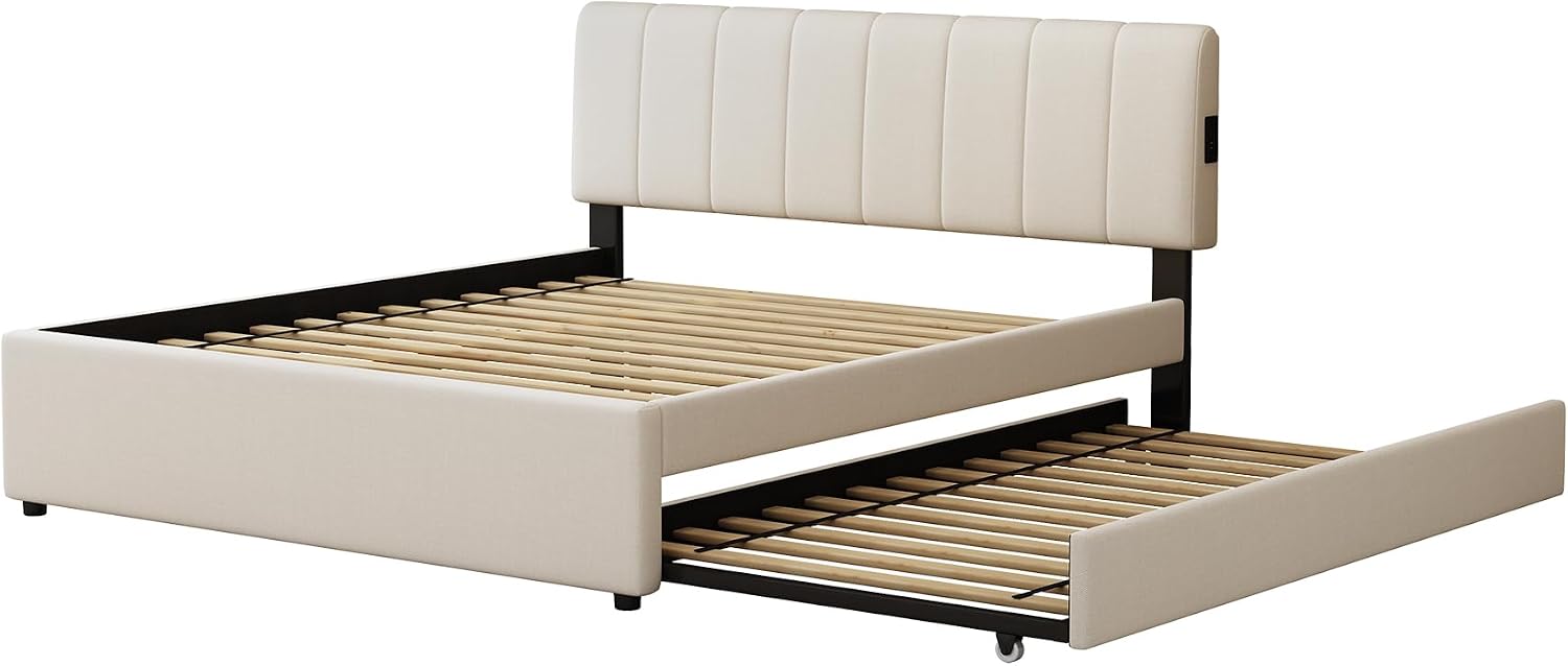 Queen Size Upholstered Platform Bed with Trundle and USB/Type-C Charging, Chenille Fabric Full and Twin Double Bed w/LED Lights with APP for Bedroom,Beige