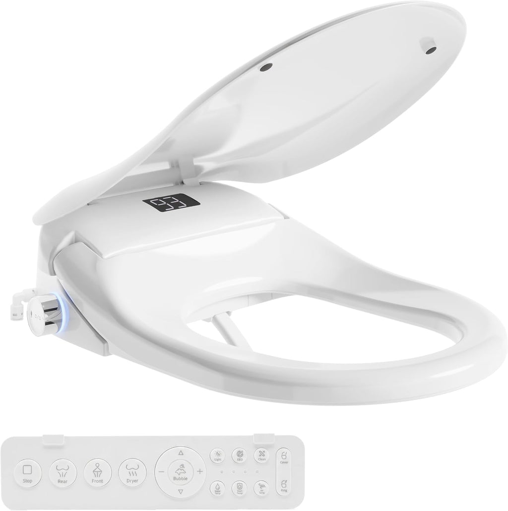 TOTTE Bidet Toilet Seat Round, Electric Bidet with Heated Water & Remote – Heated Bidet Seat with Auto Open/Close, Bubble Foam Shield, Instant Warm Wash & Dry, LED Nightlight for Family