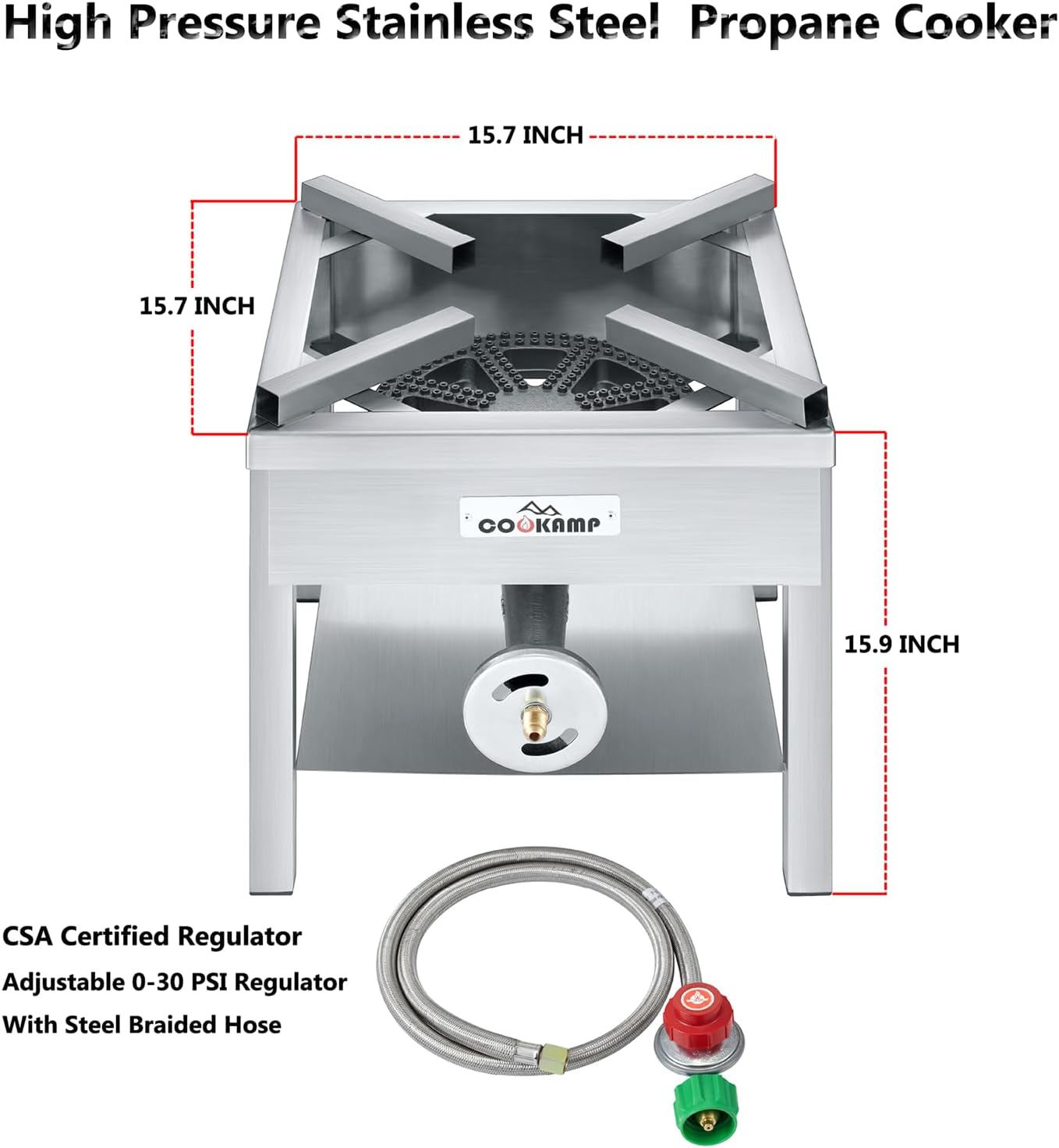 COOKAMP Stainless Steel Burner Propane Burner, 260,000BTU High Pressure Outdoor Propane Cooker, Heavy Duty Gas Burners for Outdoor Cooking For Turkey Fry, Seafood Boil(Stainless Steel) SS1750