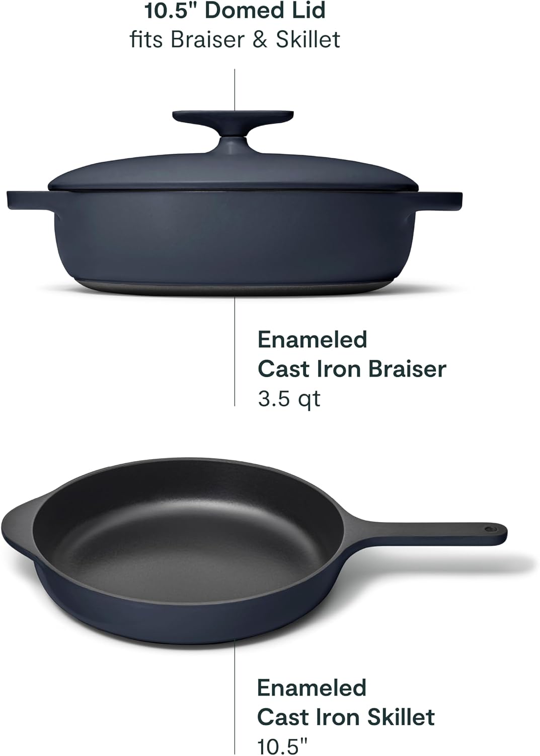 Caraway 10.5' Cast Iron Skillet and 3.5qt Braiser Pan Duo - 3 Layer Enamel Coating - No Seasoning Required - Compatible With All Stovetops - Oven Safe - Free From Forever Chemicals - Midnight Blue