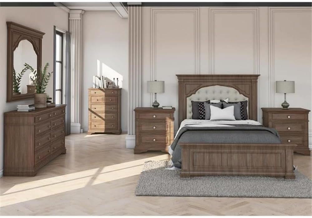 Pemberly Row King Panel Bed, Driftwood Gray Wood Frame, Upholstered Button Tufted Cream Fabric Headboard, Distressed Finish, Hardwood Solids and Veneers, Classic Bedroom Furniture, Requires Box Spring