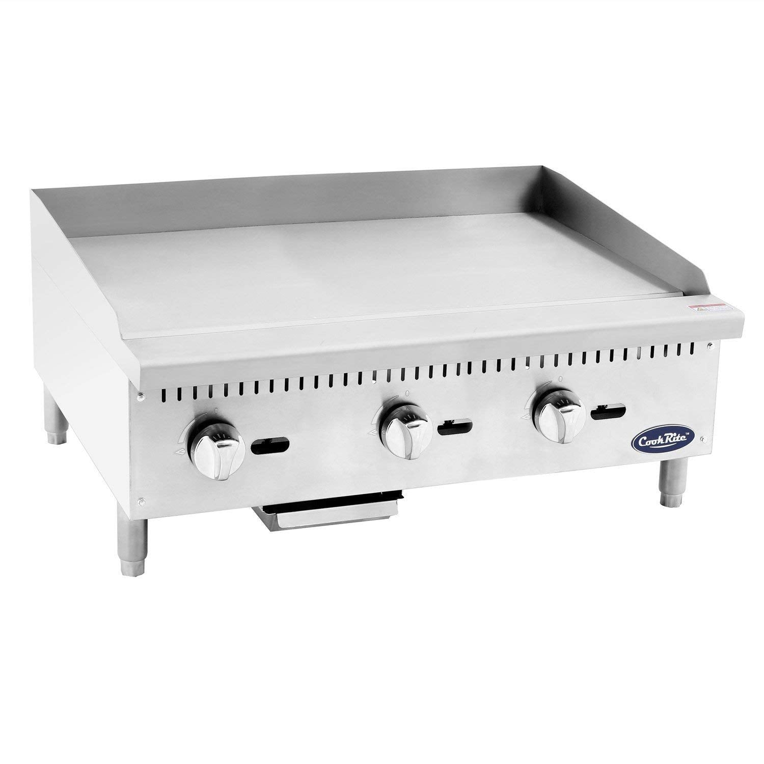 Atosa CookRite ATMG-36 36' Countertop Griddle | Flat Top Grill Hot Plate with Standby Pilots and Grease Drawer for Food Truck | Manual Controlled, Stainless Steel, 3 Burner 90,000 BTU, Liquid Propane