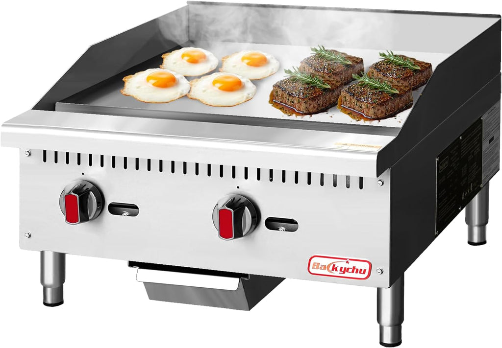 Commercial Gas Griddle - 24' Countertop Griddle. 60,000 BTU Flat Top Griddle, Natural Gas (NG) / Propane, CSA Certified