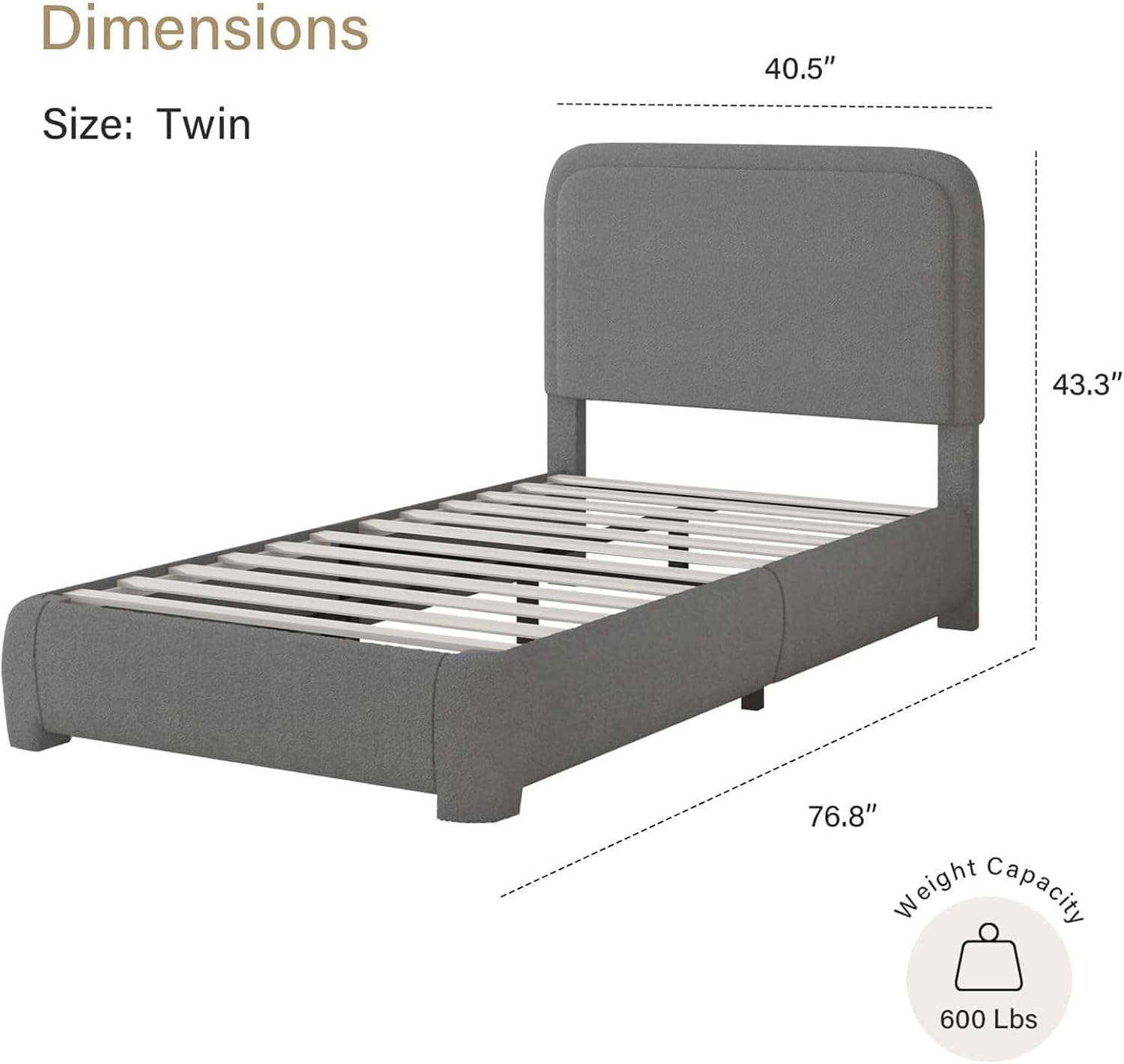 BarnFurin Twin Size Bed Frame, Boucle Upholstered Platform Bed Frame with Headboard, Soft Rounded Corners, No Box Spring Required, Non-Slip and Noise-Free, Easy Assembly, Dark Grey