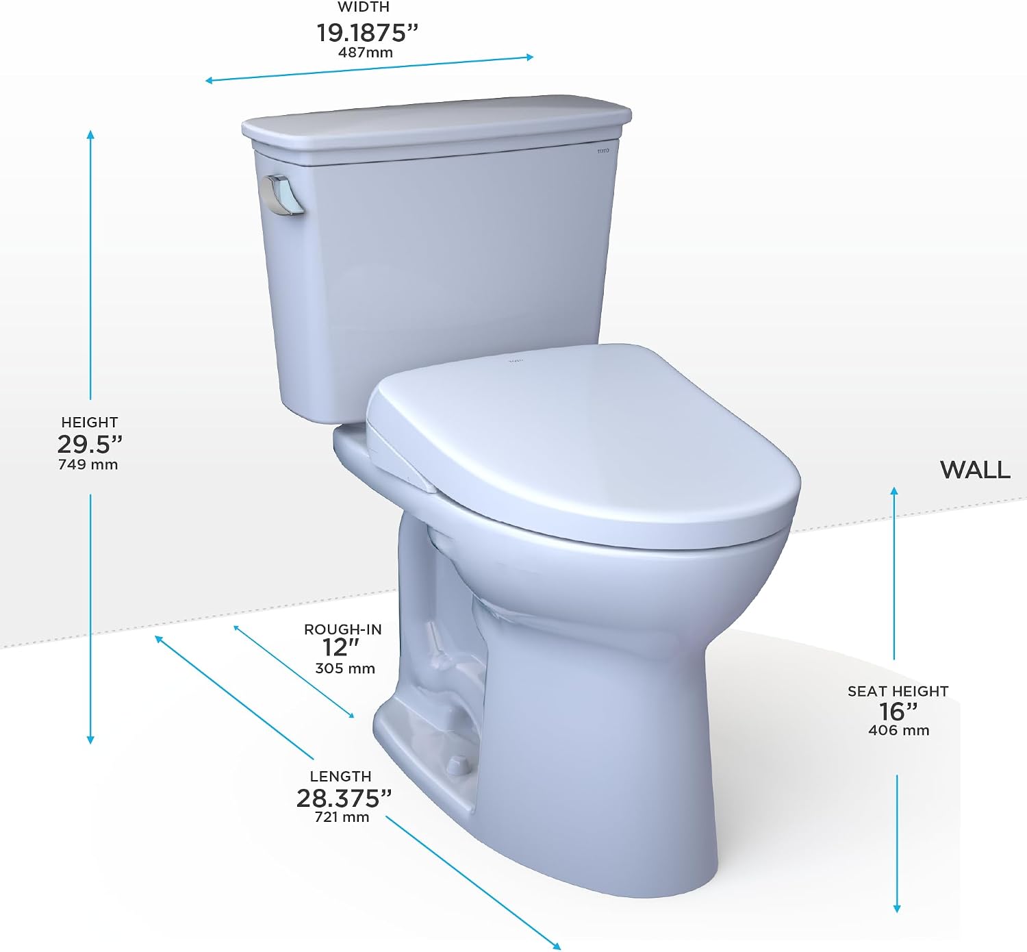 TOTO® Drake® Transitional WASHLET®+ Two-Piece Elongated 1.28 GPF TORNADO FLUSH® Toilet with S7A Contemporary Bidet Seat, Cotton White - MW7864736CEG#01
