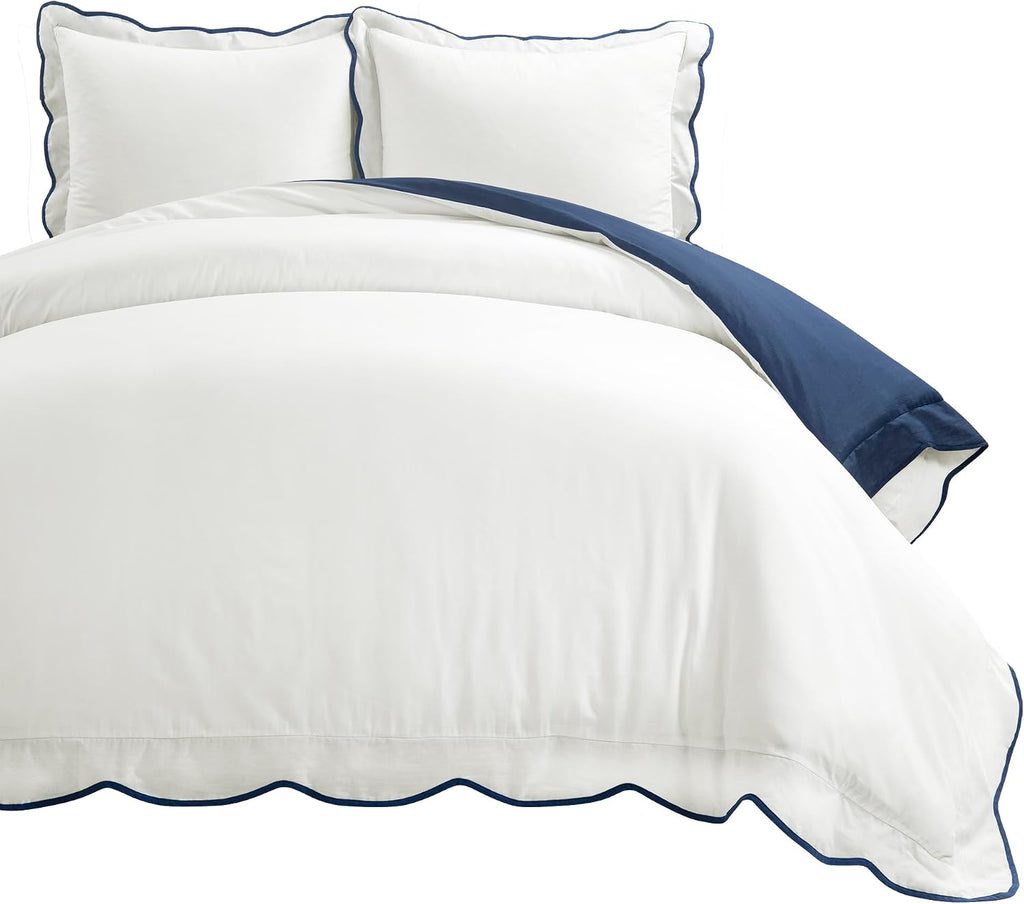 Lush Decor Coastal Chic Scalloped Edge Cotton Duvet Cover Set, 3 Piece Set, Full/Queen, Neutral & White - Queen Bedding Set - White Duvet Cover Queen - Coastal Decor