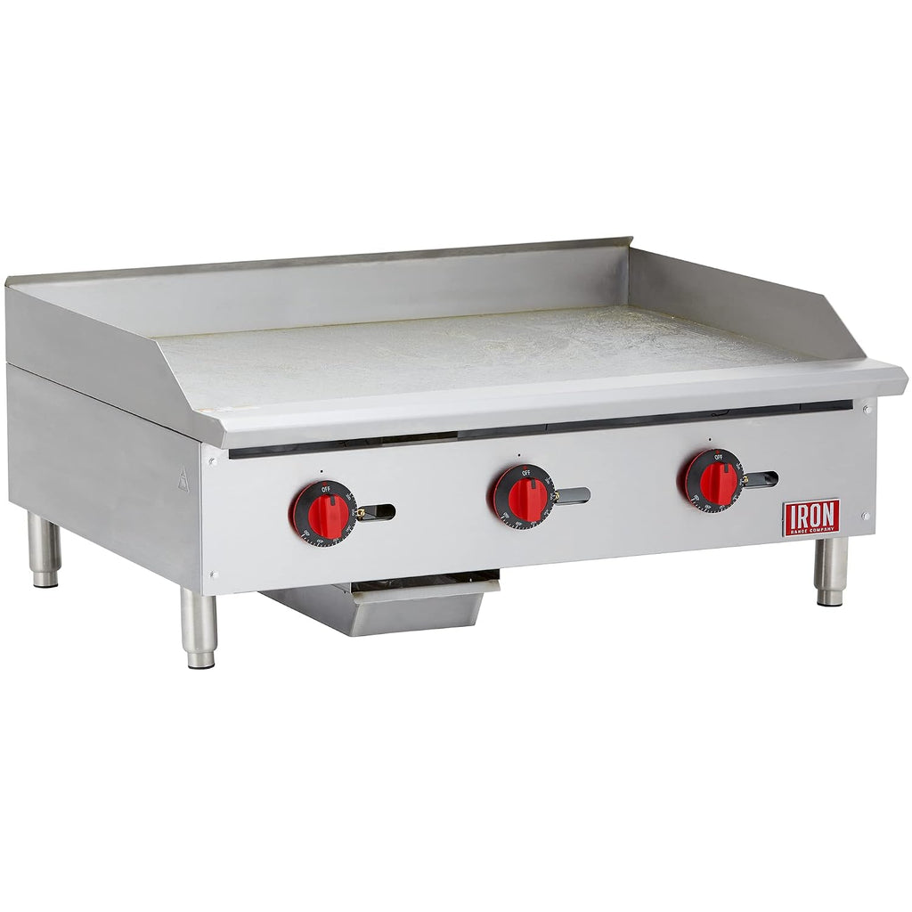 Iron Range IRTG-36 36' x 21' Countertop Commercial Gas Griddle, 3 Burners, 90,000 BTU, Thermostatic Control, Stainless Steel, ETL Listed, LPG Conversion Kit, Easy-to-Clean Grease Tray