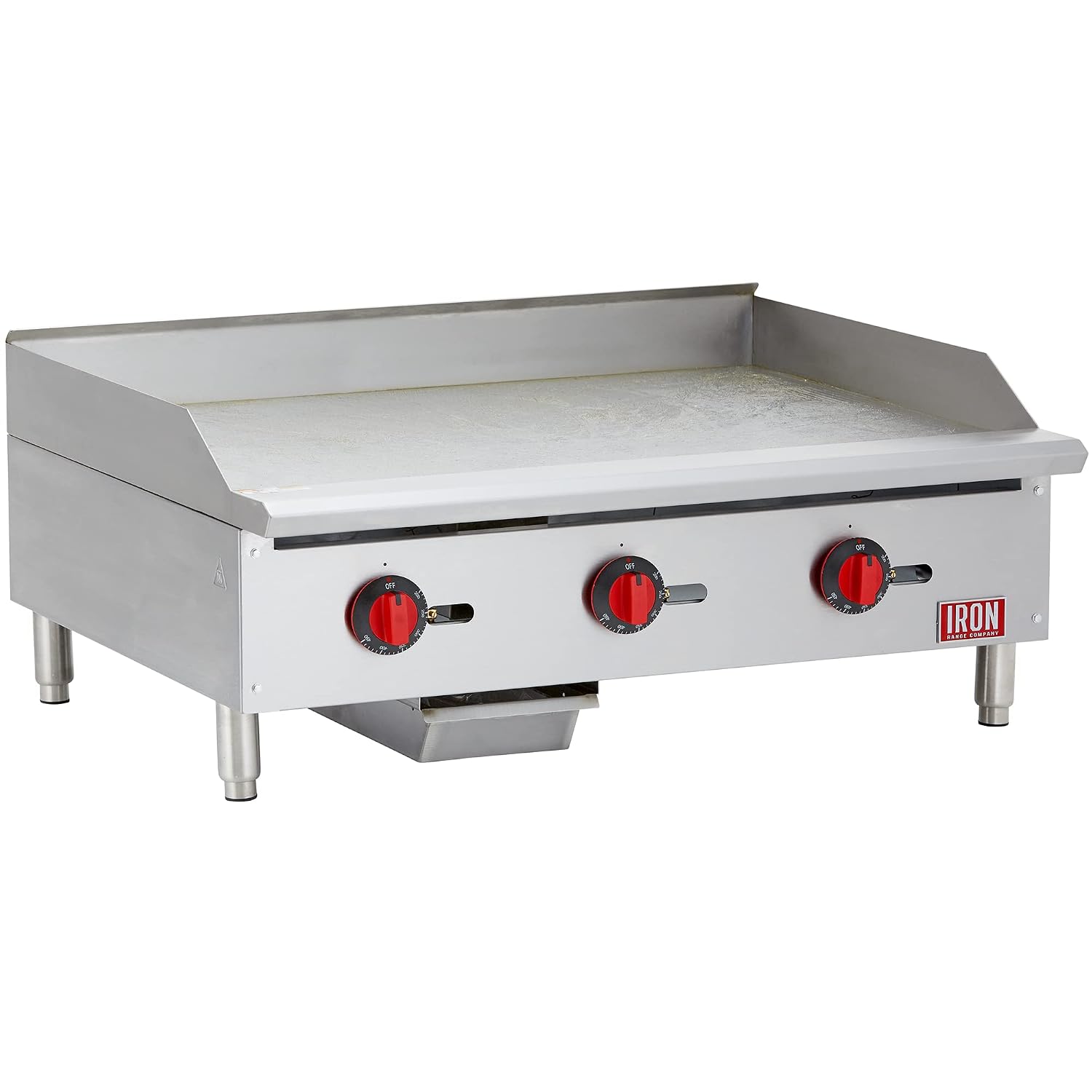 Iron Range IRTG-36 36' x 21' Countertop Commercial Gas Griddle, 3 Burners, 90,000 BTU, Thermostatic Control, Stainless Steel, ETL Listed, LPG Conversion Kit, Easy-to-Clean Grease Tray