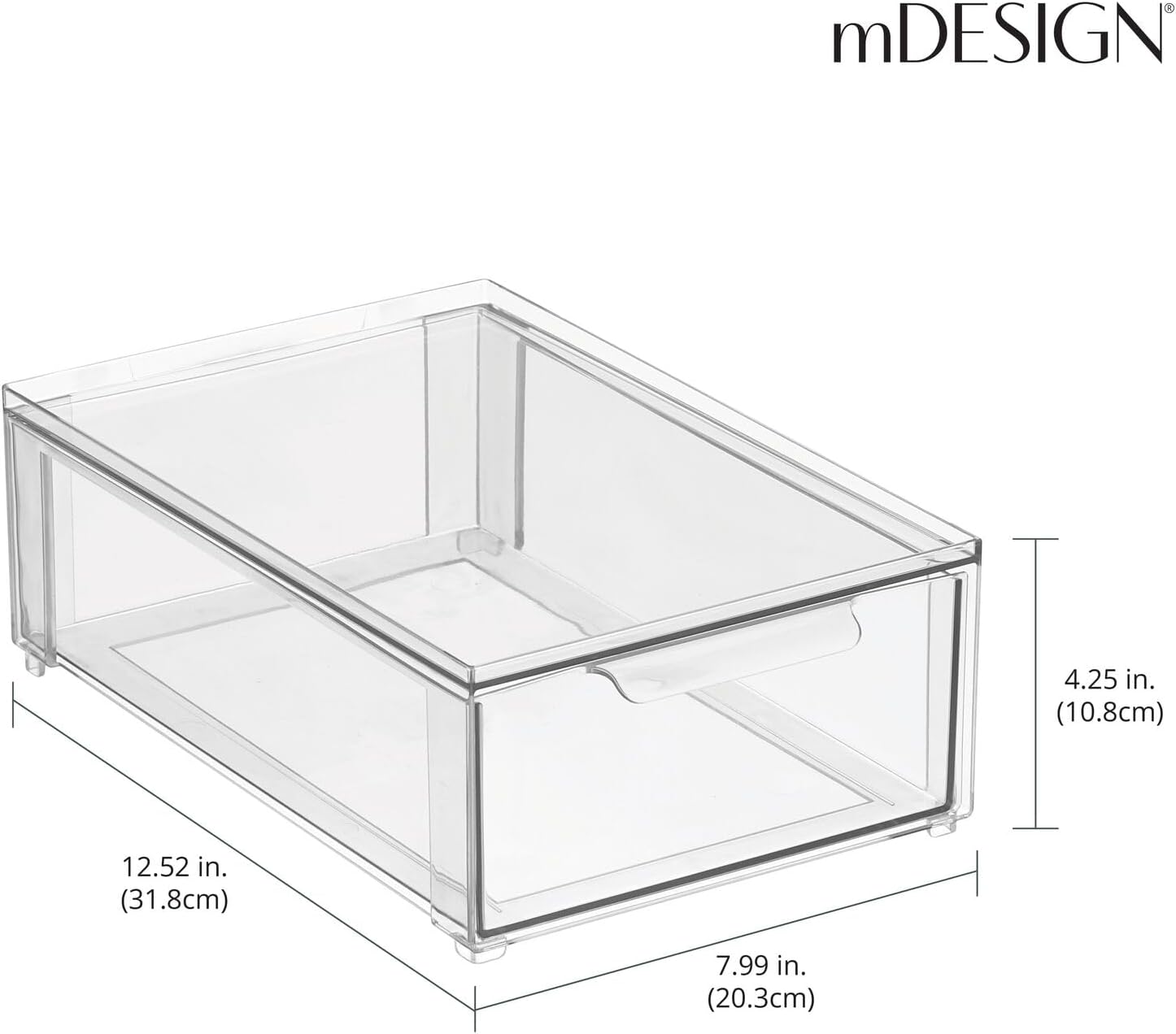 mDesign Plastic Stackable Bathroom Storage Organizer Bin with Pull Out Drawer for Cabinet, Vanity, Shelf, Cupboard, Cabinet, or Closet Organization - Lumiere Collection - 8 Pack - (Clear, 8 x 12 x 4)