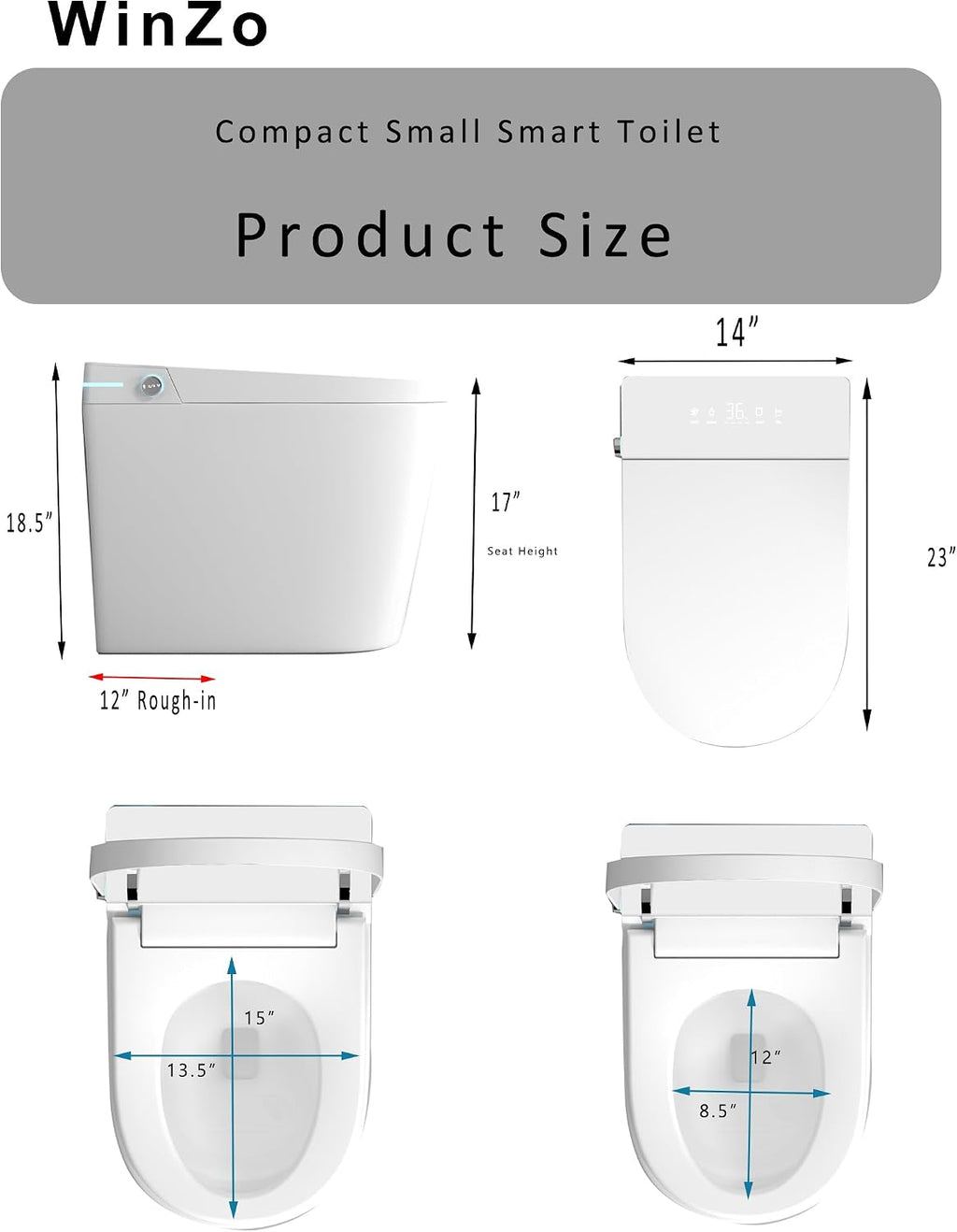 WinZo 23' Compact Smart Toilet with Bidet Seat Built-in For Small Bathroom, Auto Flush, LED Night Light,Heated Bidet with Warm Air Drying (White with White panel)