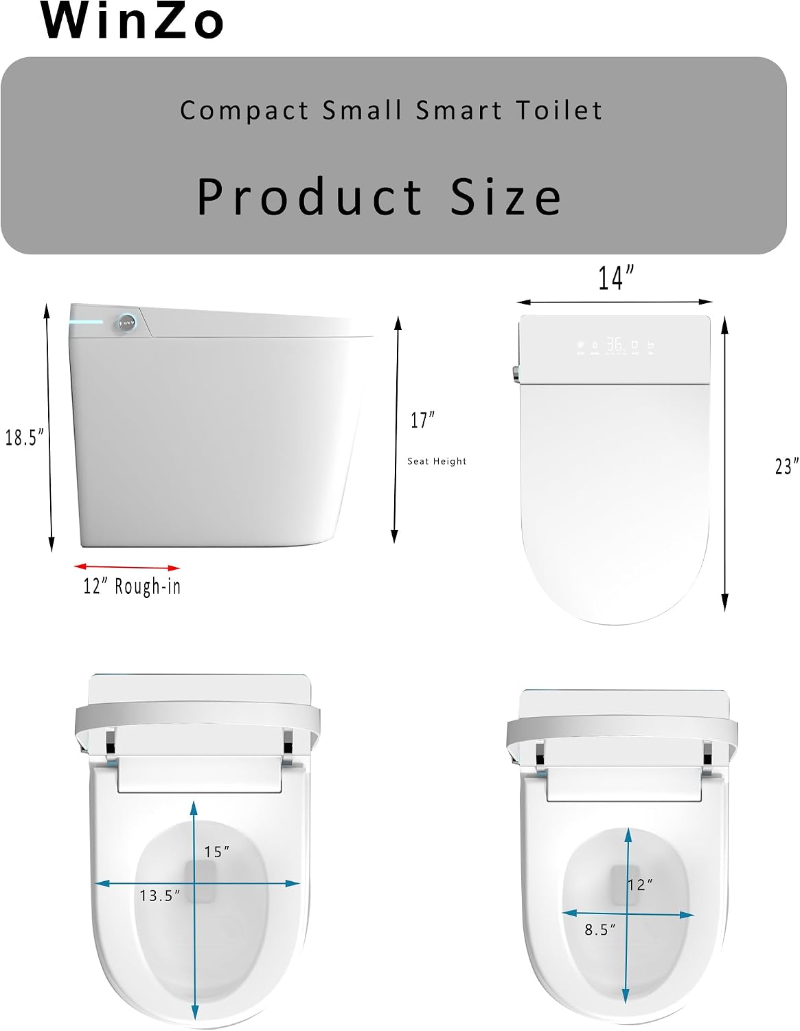WinZo 23' Compact Smart Toilet with Bidet Seat Built-in For Small Bathroom, Auto Flush, LED Night Light,Heated Bidet with Warm Air Drying (White with White panel)
