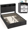 2 Pieces Bedroom Set, Queen Size Bed Frame with Storage Headboard, Nightstand with Charging Station, Black