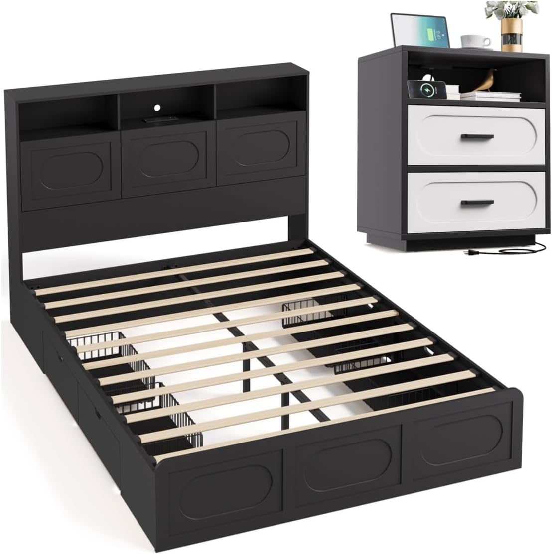 2 Pieces Bedroom Set, Queen Size Bed Frame with Storage Headboard, Nightstand with Charging Station, Black