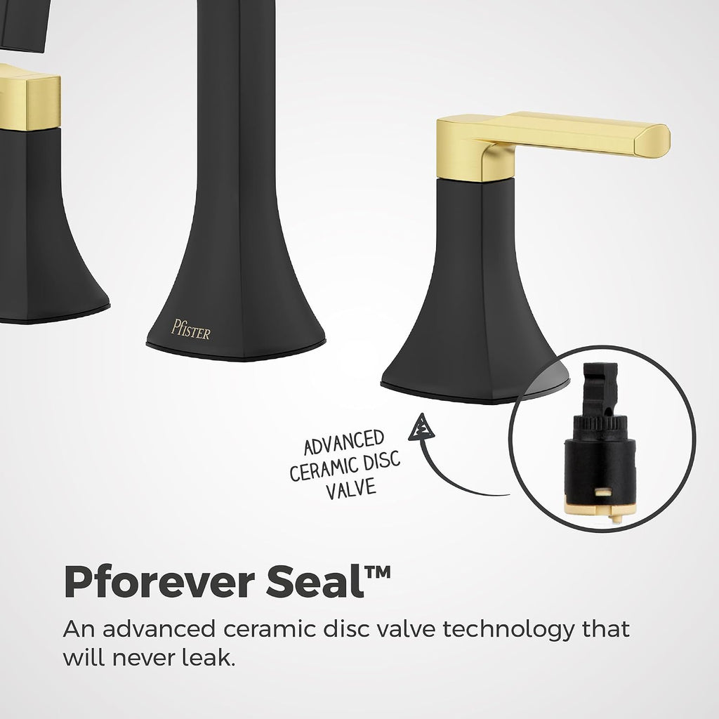 Pfister Vaneri Bathroom Sink Faucet 8 in Widespread 2-Handle 3-Hole NSF Certified Water-Efficient Matte Black and Brushed Gold Finish Push & Seal Drain LF049VRIBBG