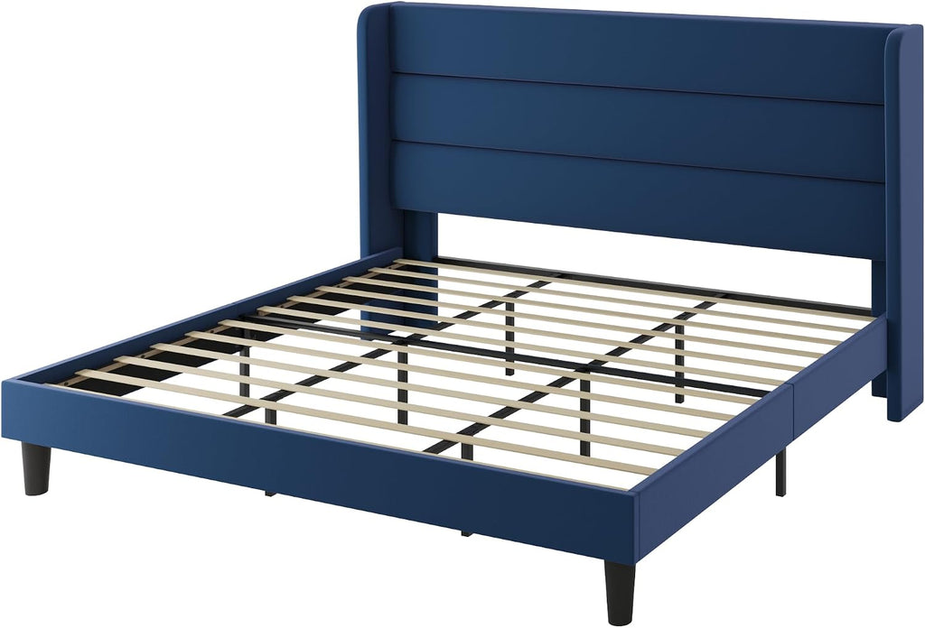 SHA CERLIN King Size Velvet Bed Frame with Wingback Headboard/Upholstered Platform Bed with Wooden Slats/Mattress Foundation/No Box Spring Needed/Easy Assembly/Blue